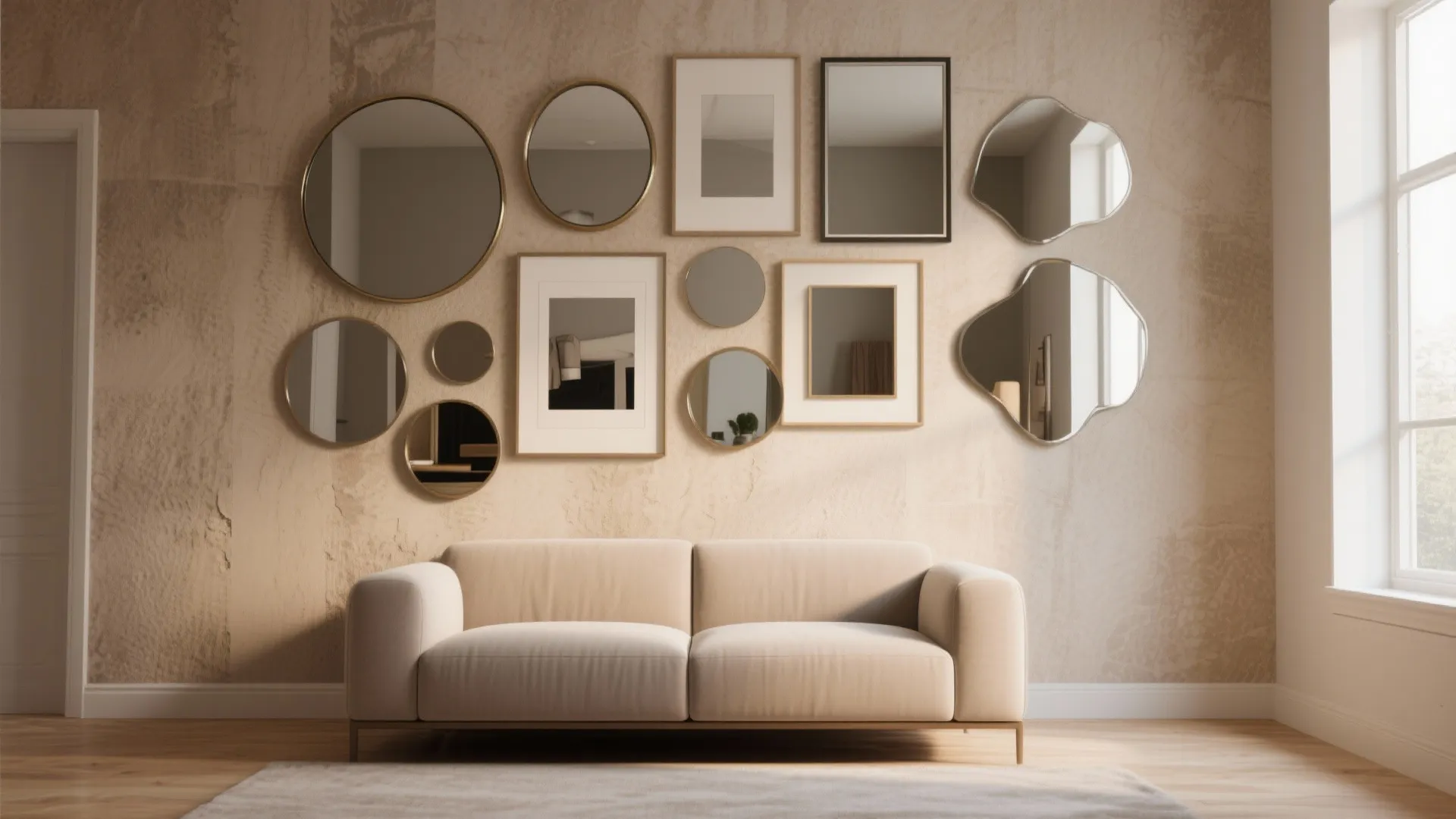 Modern beige sofa placed in front of a wall decorated with many different shaped hanging mirrors