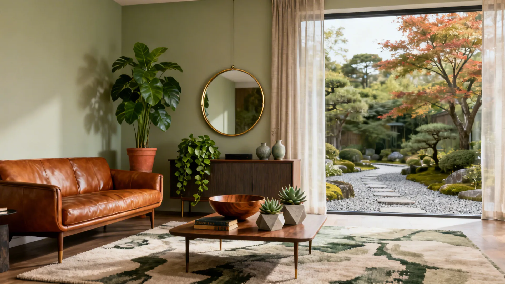 Living room with leather sofa round mirror and large window looking onto a green garden