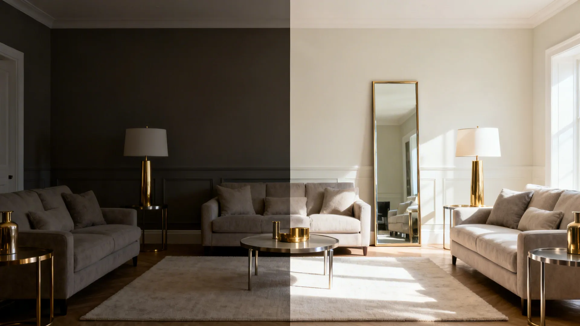 Before-and-after comparison showing a living room brightened by a tall mirror, eggshell paint, and light rug.
