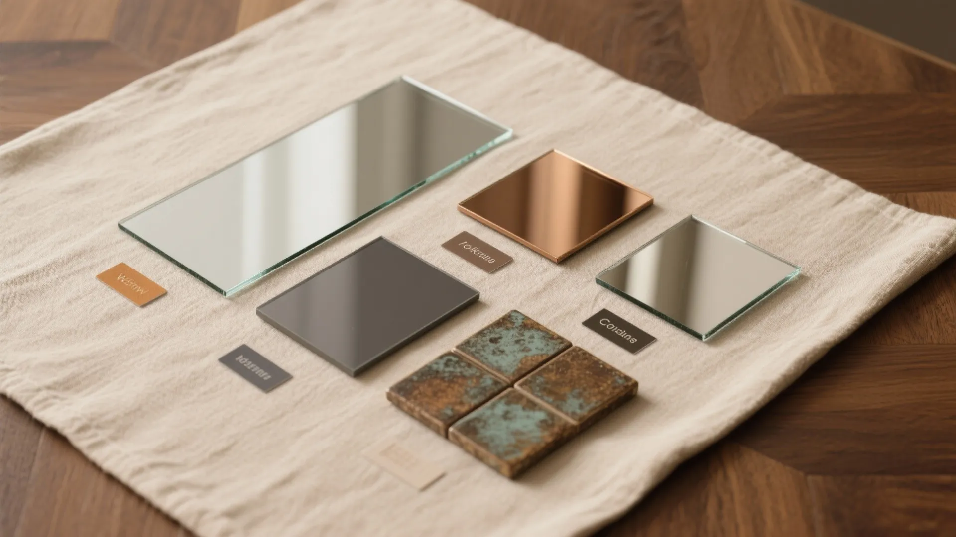 Material mood board featuring glass samples in silver rose gold and grey on fabric background