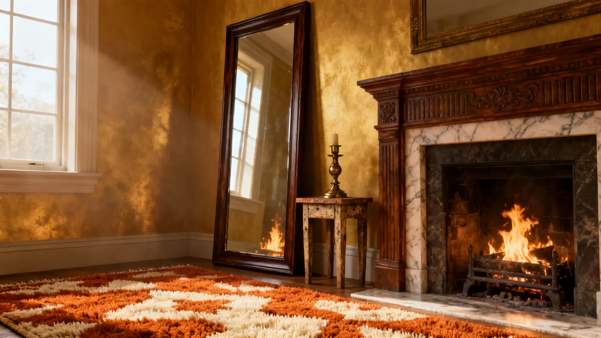 Large floor mirror leaning against gold wall next to fireplace with fire and orange rug