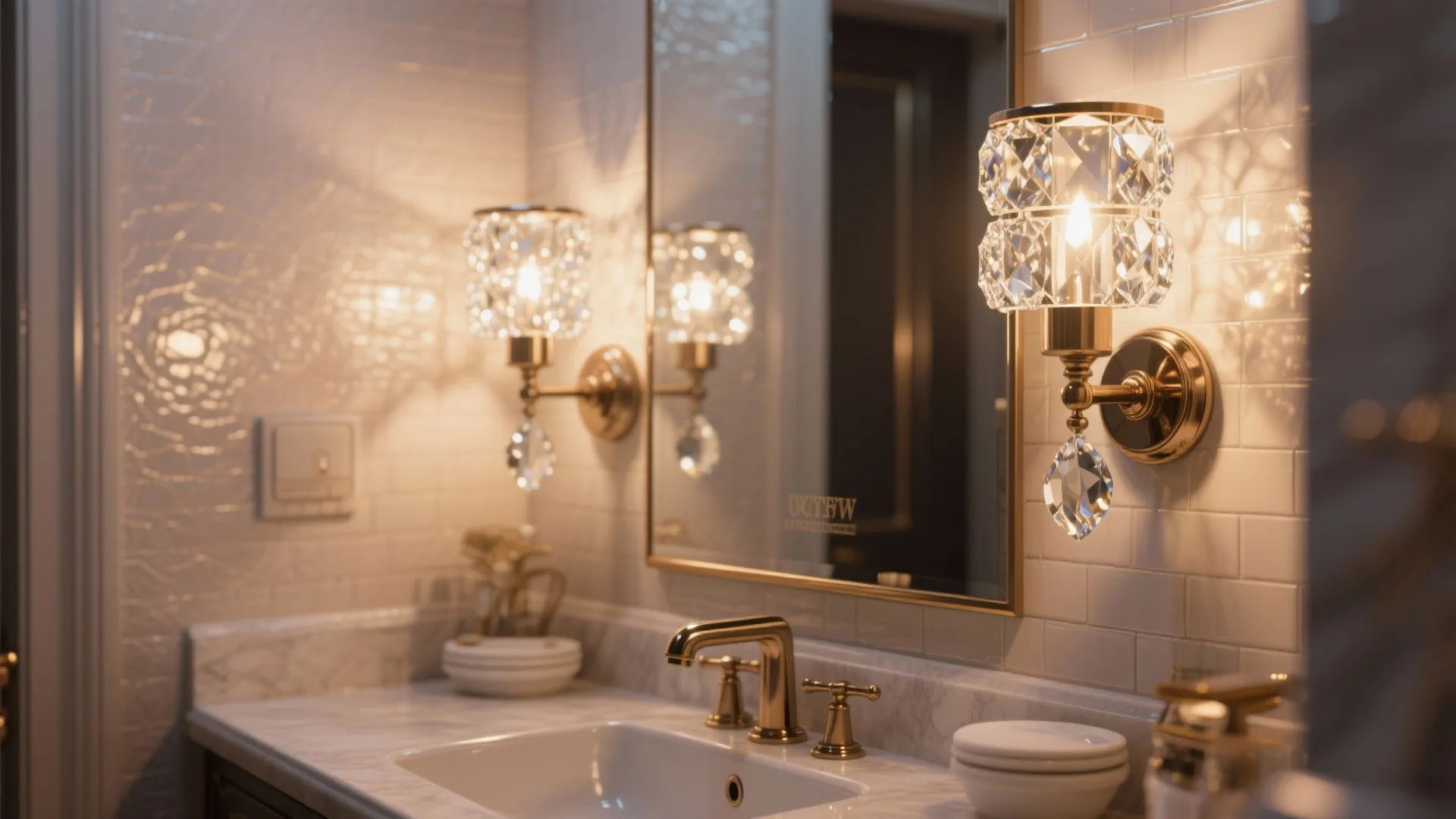 2. Mirror-flanking crystal sconces in micro bathrooms