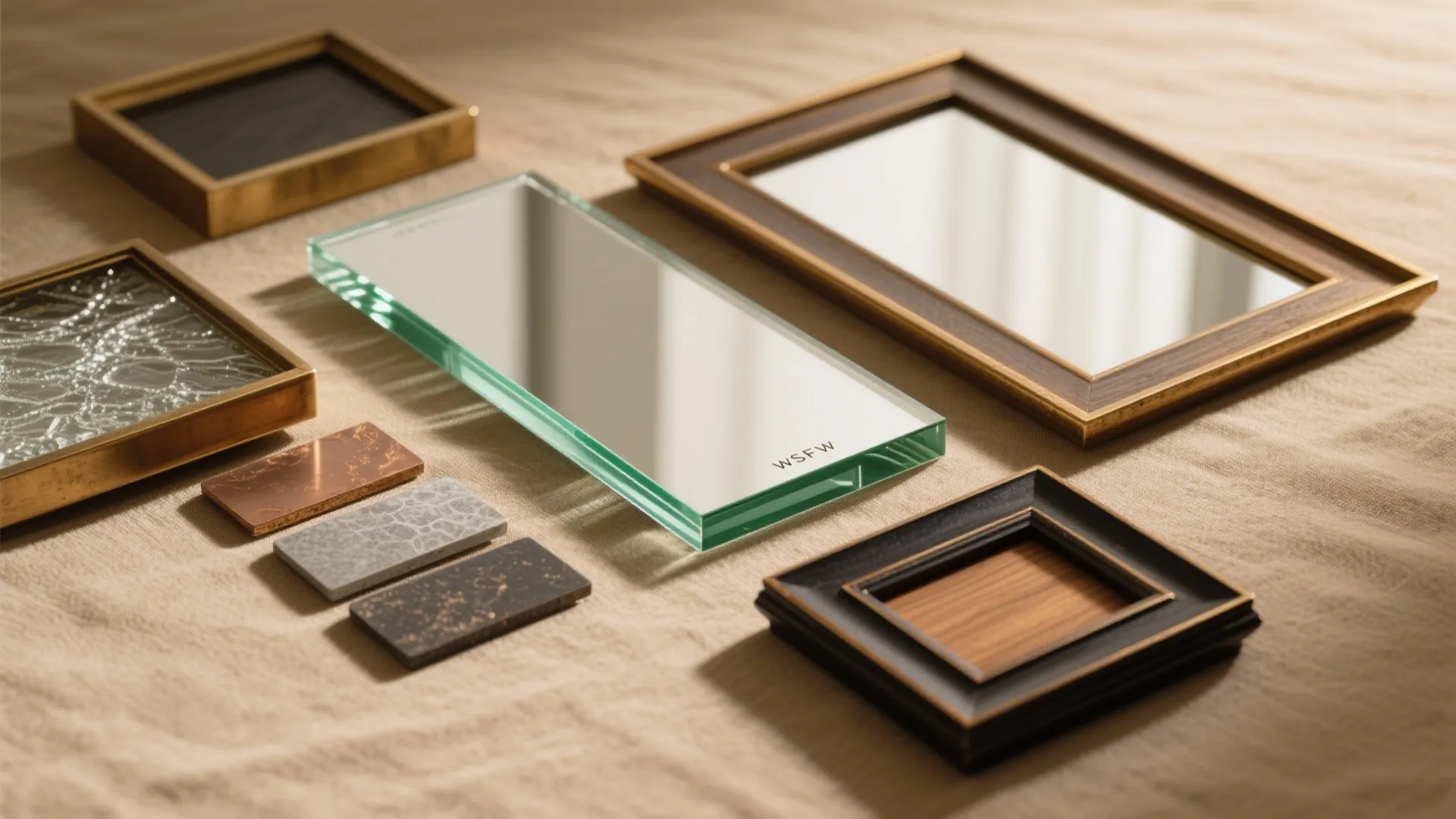 Modern interior design material board featuring various glass pieces and wooden frames on beige fabric
