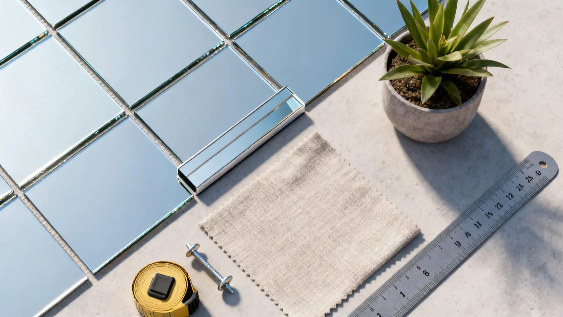 Top-down flatlay of mirror styling materials: adhesive tiles, anchors, measuring tape and fabric swatch