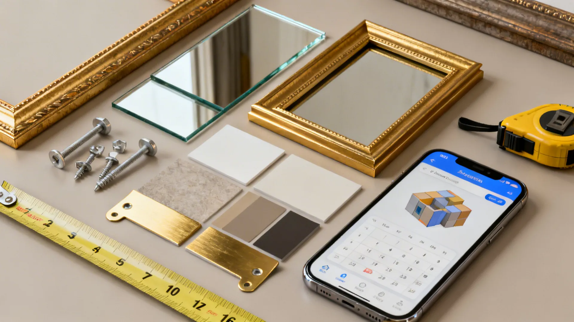 Flatlay of thrifted gold frames, mounting hardware, and a phone showing a 3D planner for mirror placement.