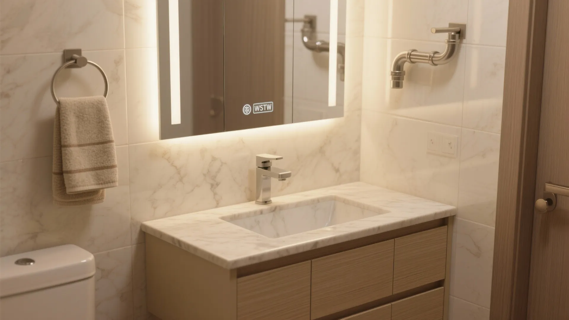 Mirror-wall vanity with floating storage