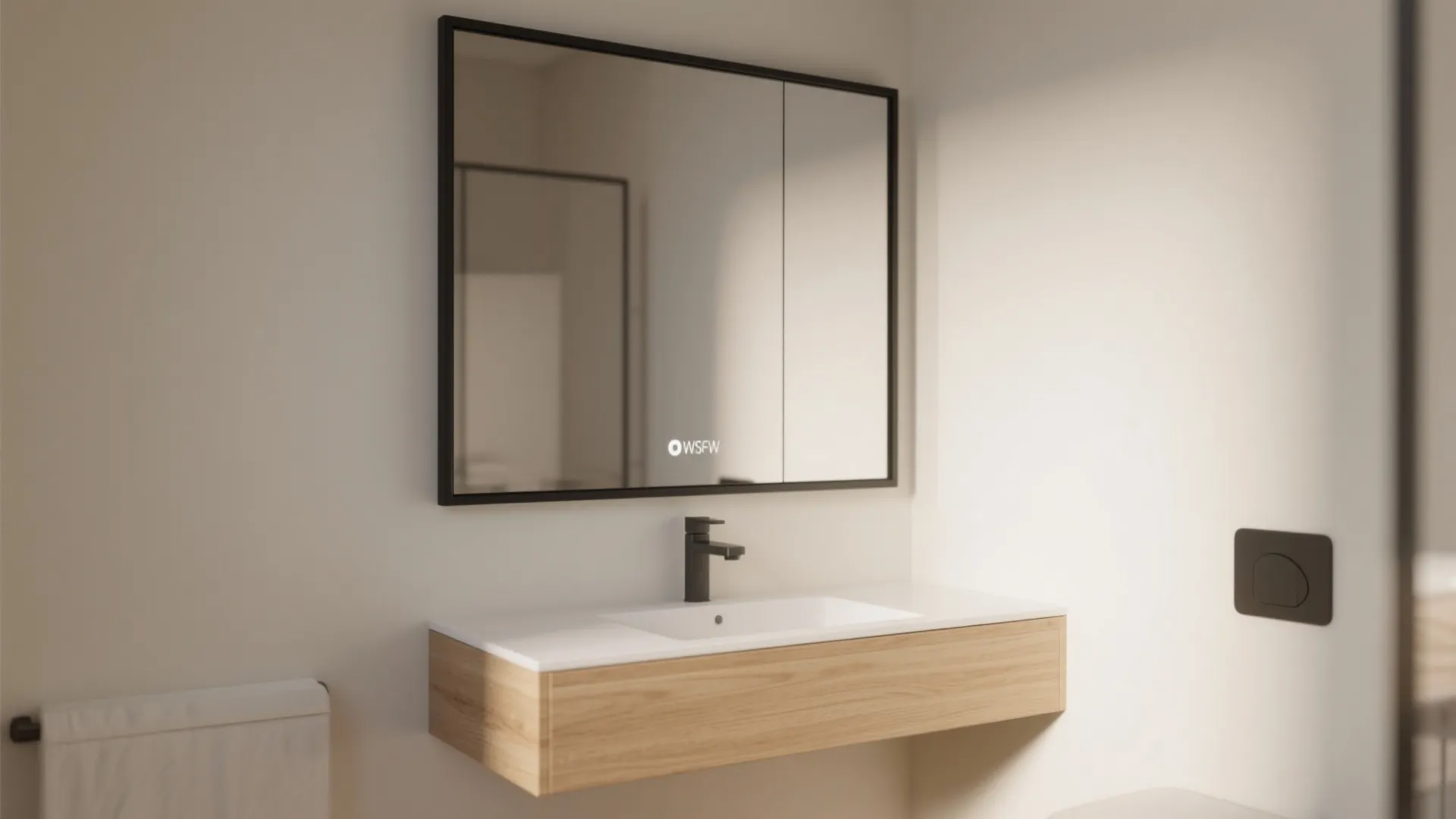 Floating vanity with a slim black frame mirror providing a crisp focal point