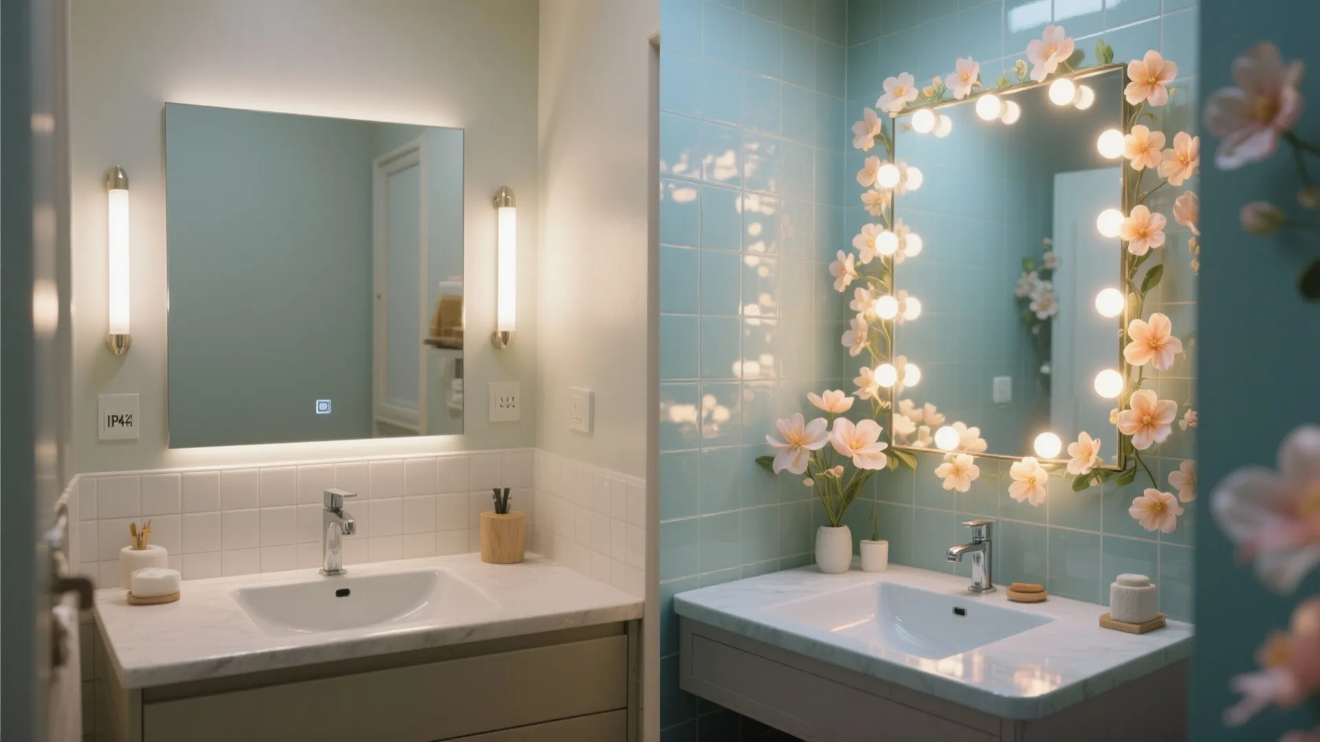 4. Mirror-Frame Flower Lights to Expand Visual Space