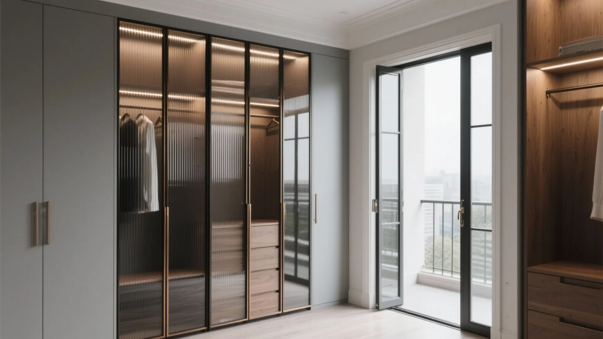 Modern grey wardrobe with textured glass doors showing wood shelves inside next to open balcony