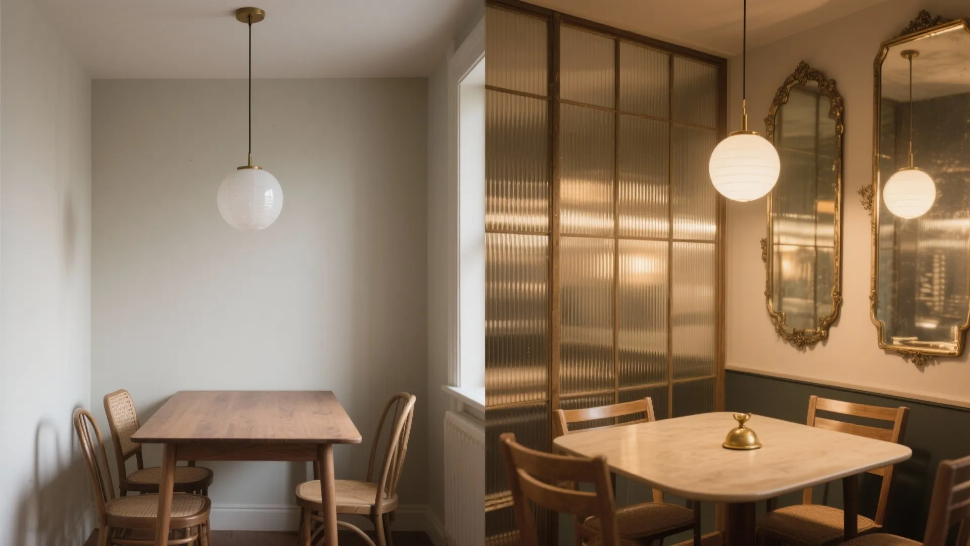 Dining room featuring wooden table chairs gold mirrors fluted glass wall and white round light