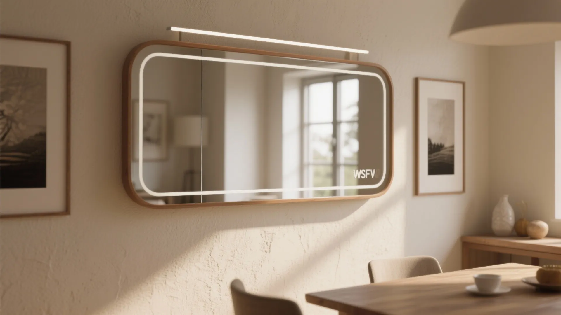 Modern rectangular mirror with light strip on wall next to art above wooden dining room furniture