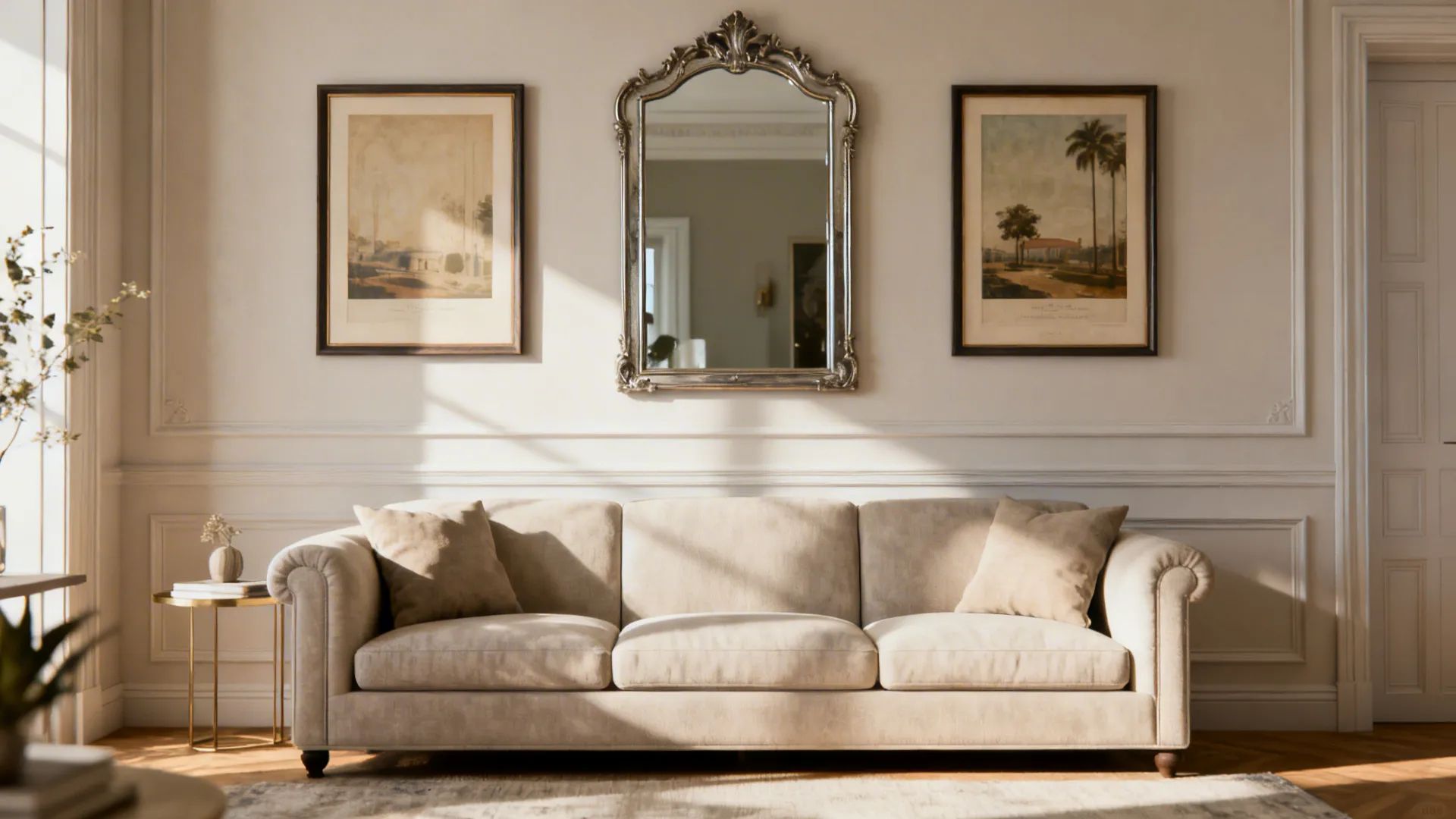 Gallery wall with a central mirror and two prints balancing an off-center sofa in a living room.