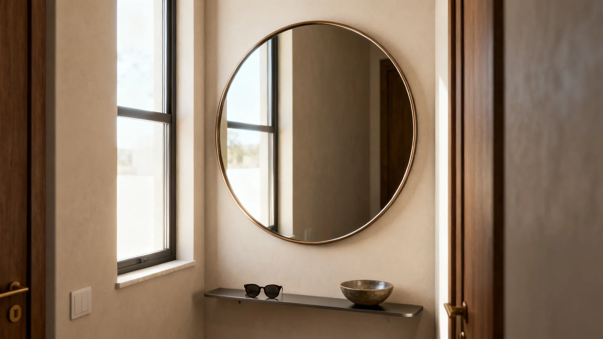 Oversized mirror with a slim ledge displaying essentials in a compact foyer