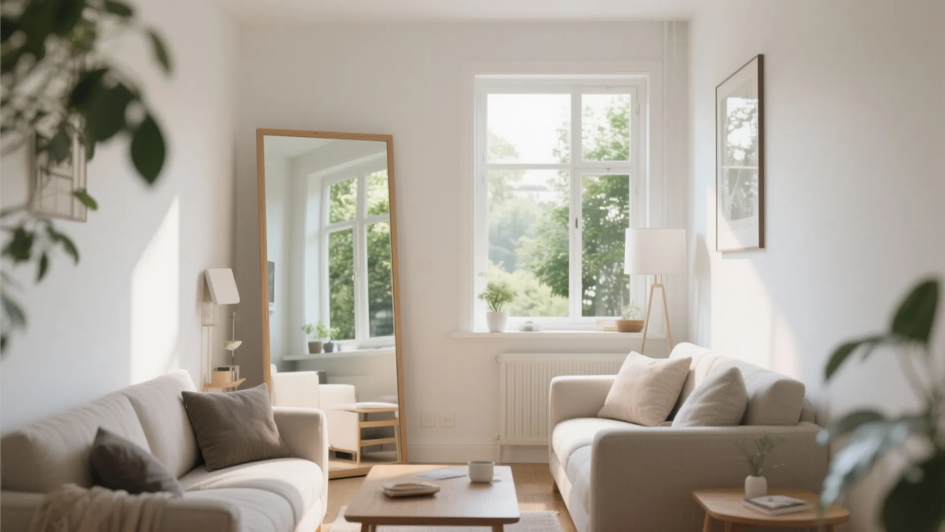 Bright living room featuring large floor mirror next to white sofa and wooden coffee table