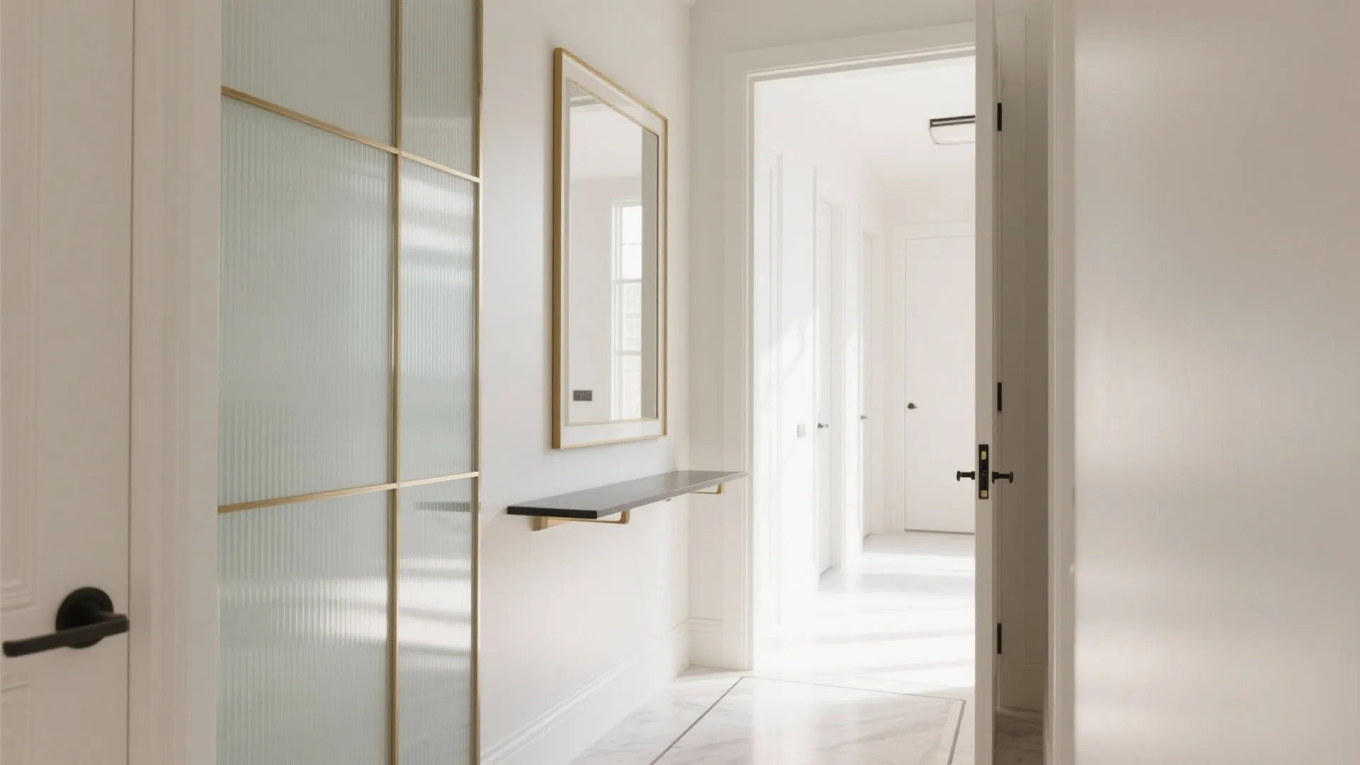 Bright white hallway with a wall mirror, black shelf, marble floor, and frosted glass door