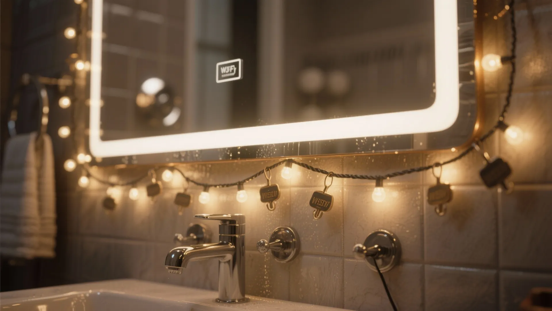 Close up of bathroom mirror with built in lighting and decorative small warm light bulbs