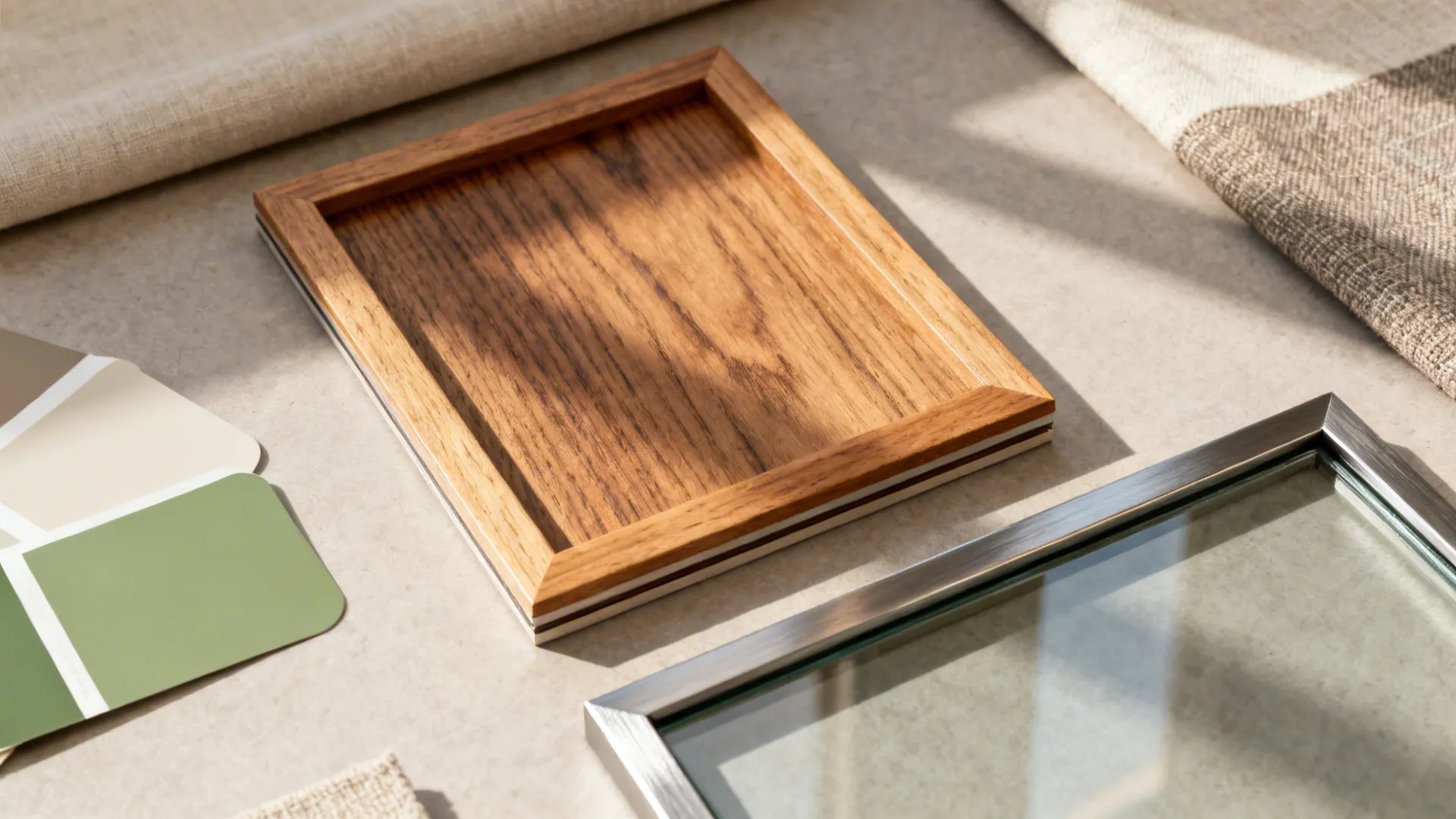 Flatlay of mirror frame material samples including wood, metal, and frameless glass with coordinating swatches.