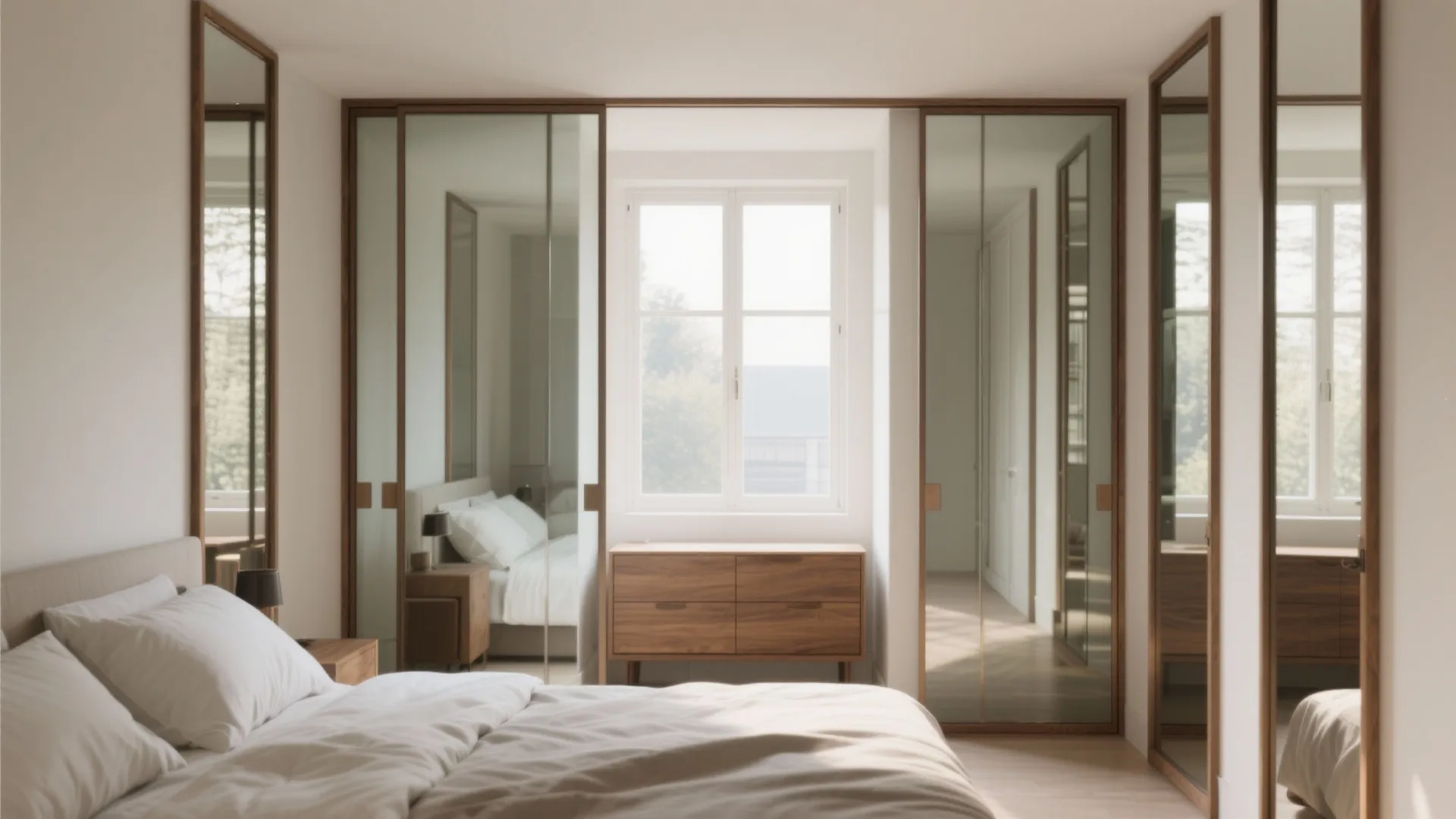 Bright bedroom with wooden cabinet, large mirrored sliding doors, white bedding, windows, and natural light
