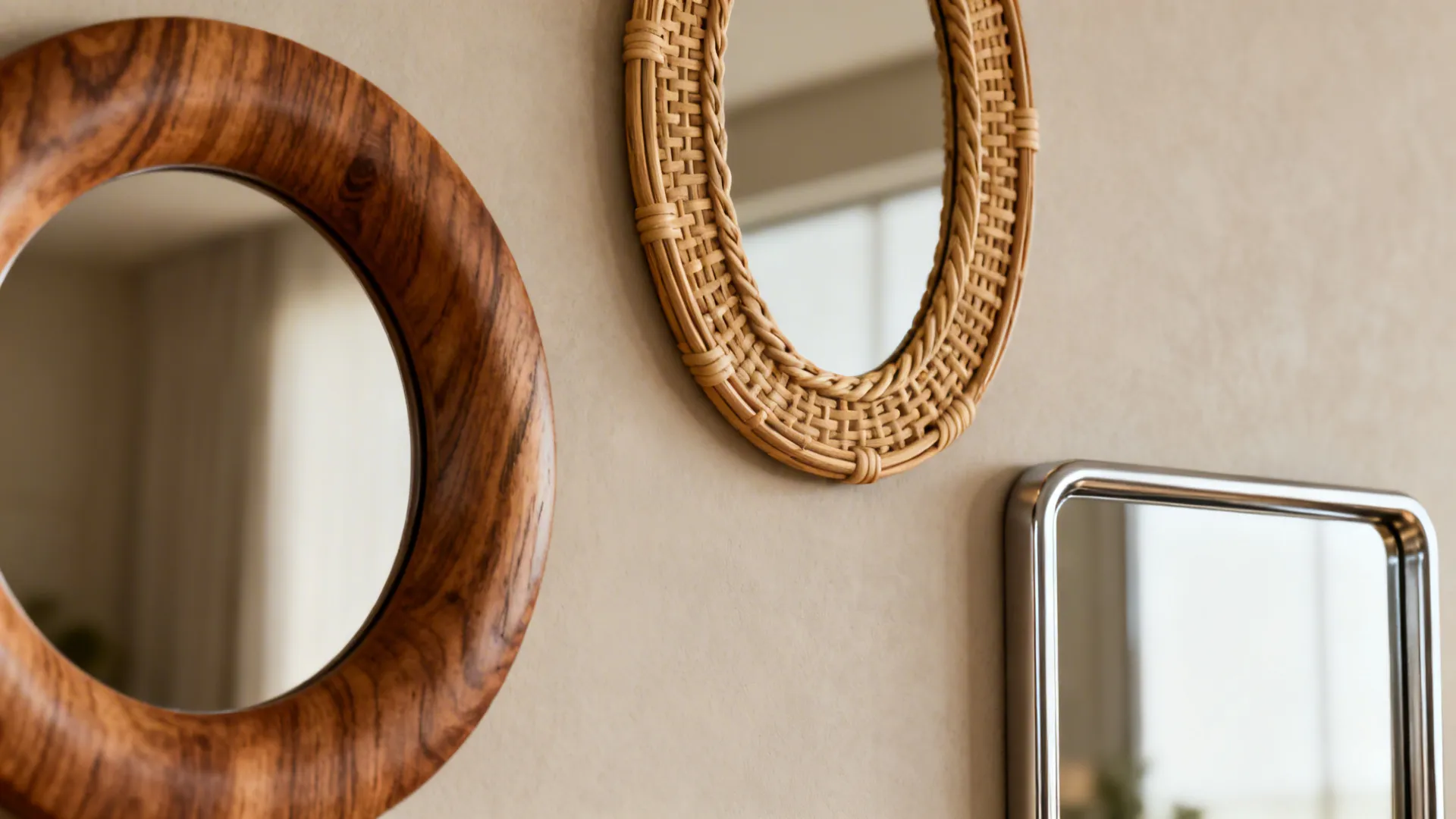 Close up of three different wall mirrors with wooden woven and metal frames on wall
