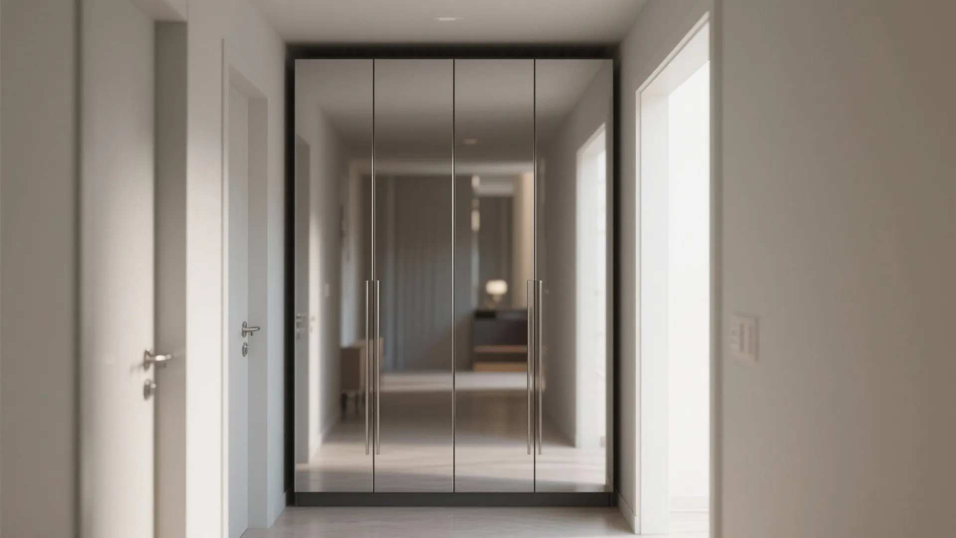 Modern hallway featuring a large floor to ceiling cabinet with mirrored doors and bright lighting