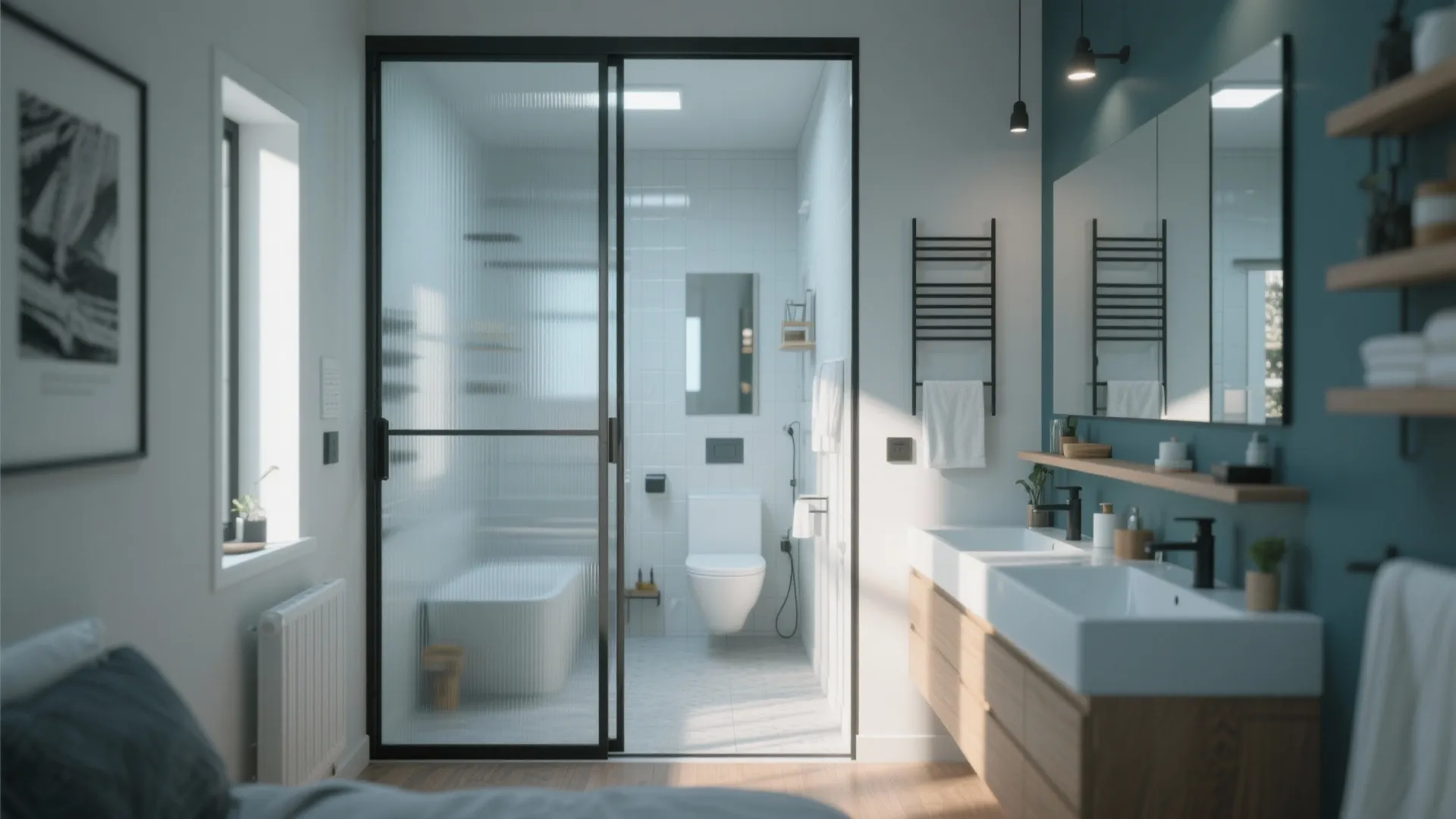 Modern bathroom with glass sliding door double sink vanity wooden cabinet and blue wall design