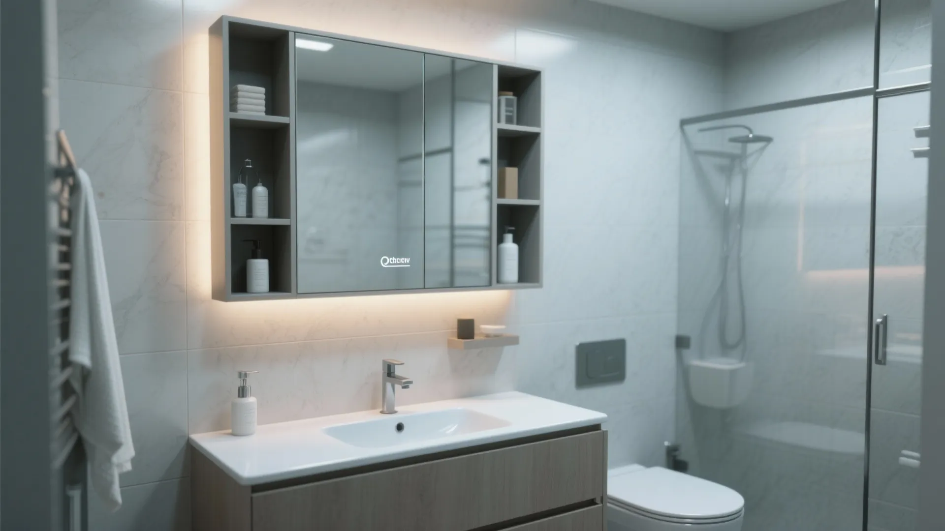 Grey bathroom cabinet with a lighted mirror front and side shelves for towels and soap