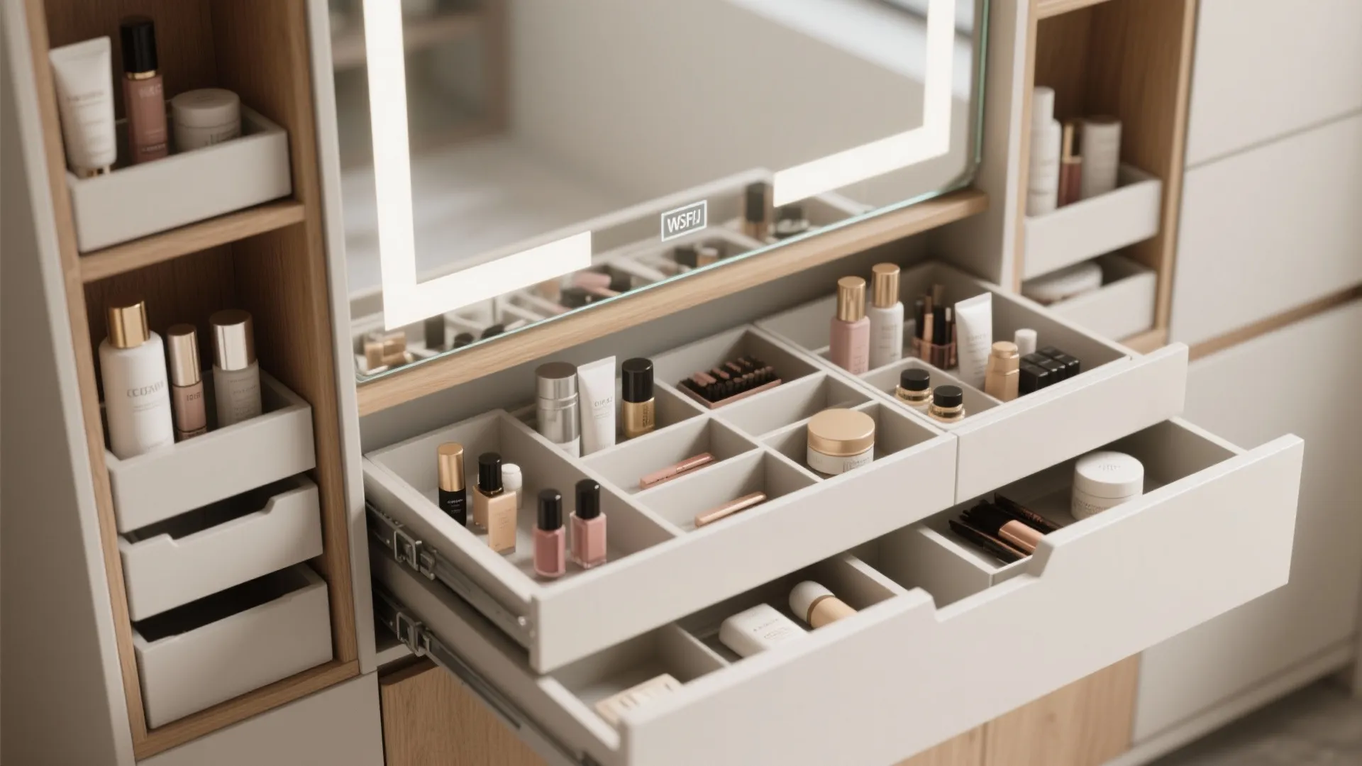 5. Mirror-front cabinet with modular internal organizers