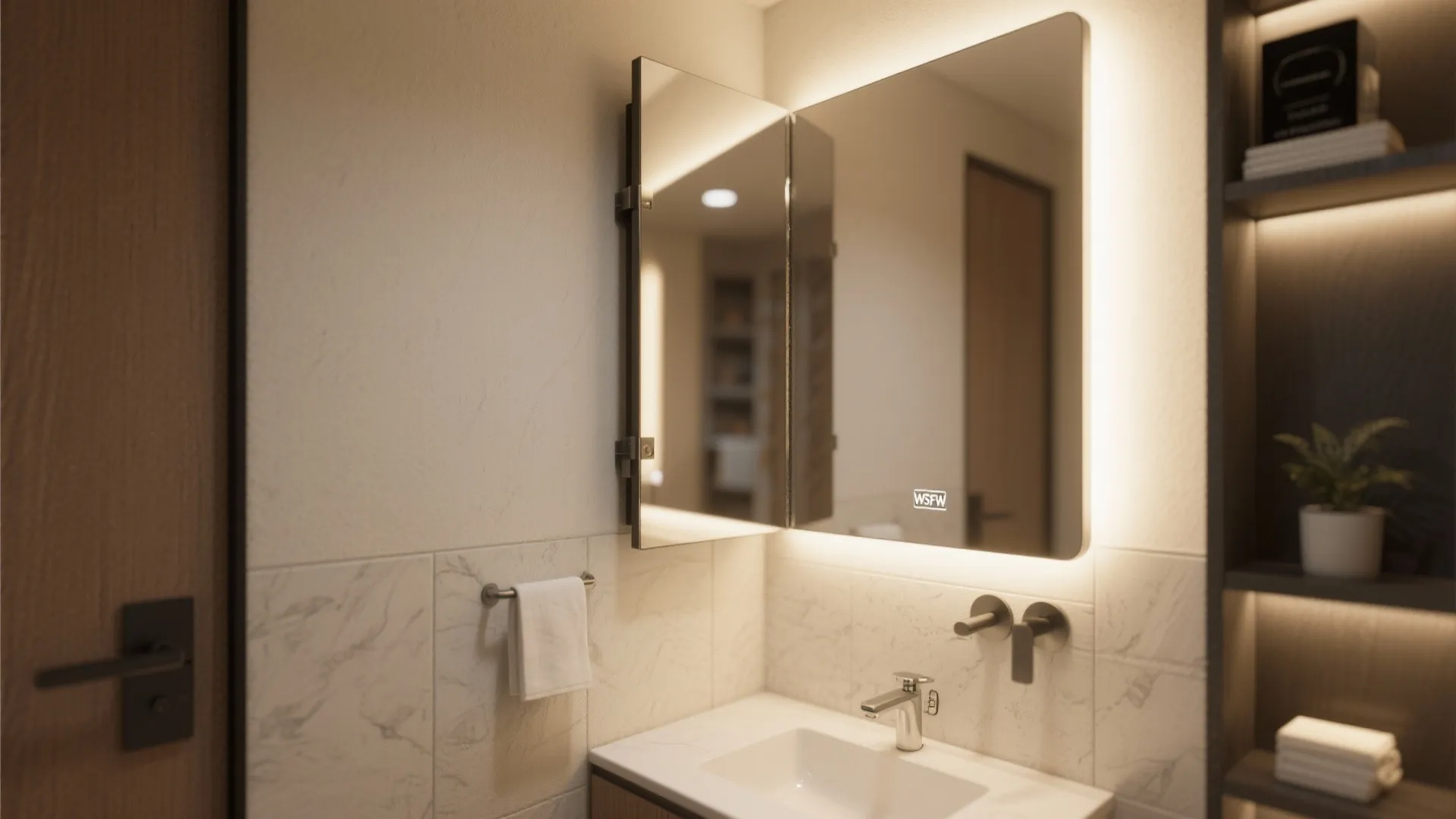 Close up of bathroom sink with lighted mirror open storage shelves and white marble tiles