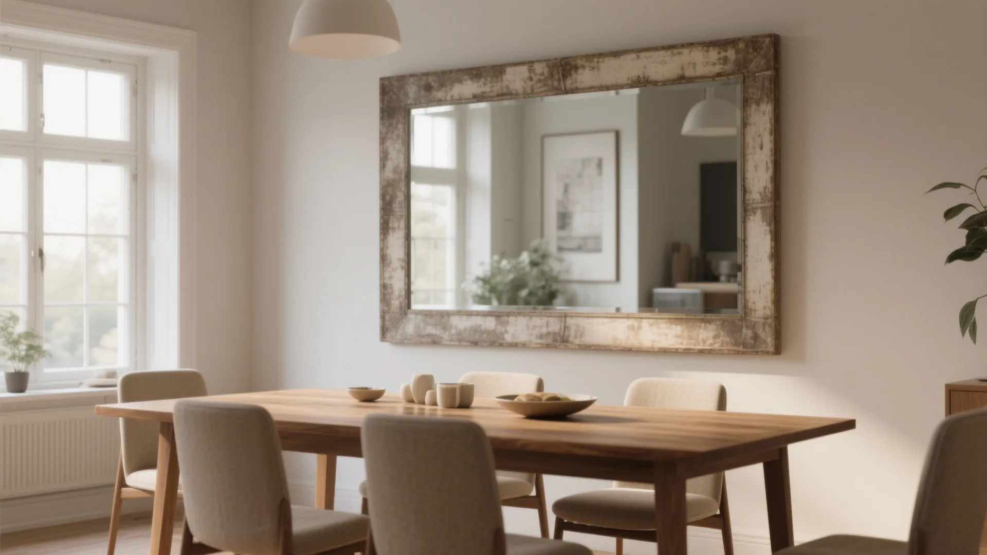 Dining room with an oversized antiqued mirror reflecting light and opening the space