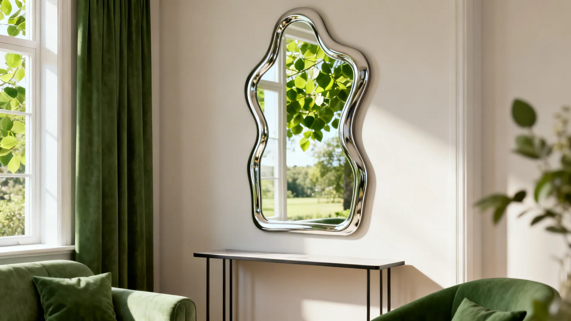 Decorative mirror opposite a window reflecting light and greenery to enlarge a living room visually.