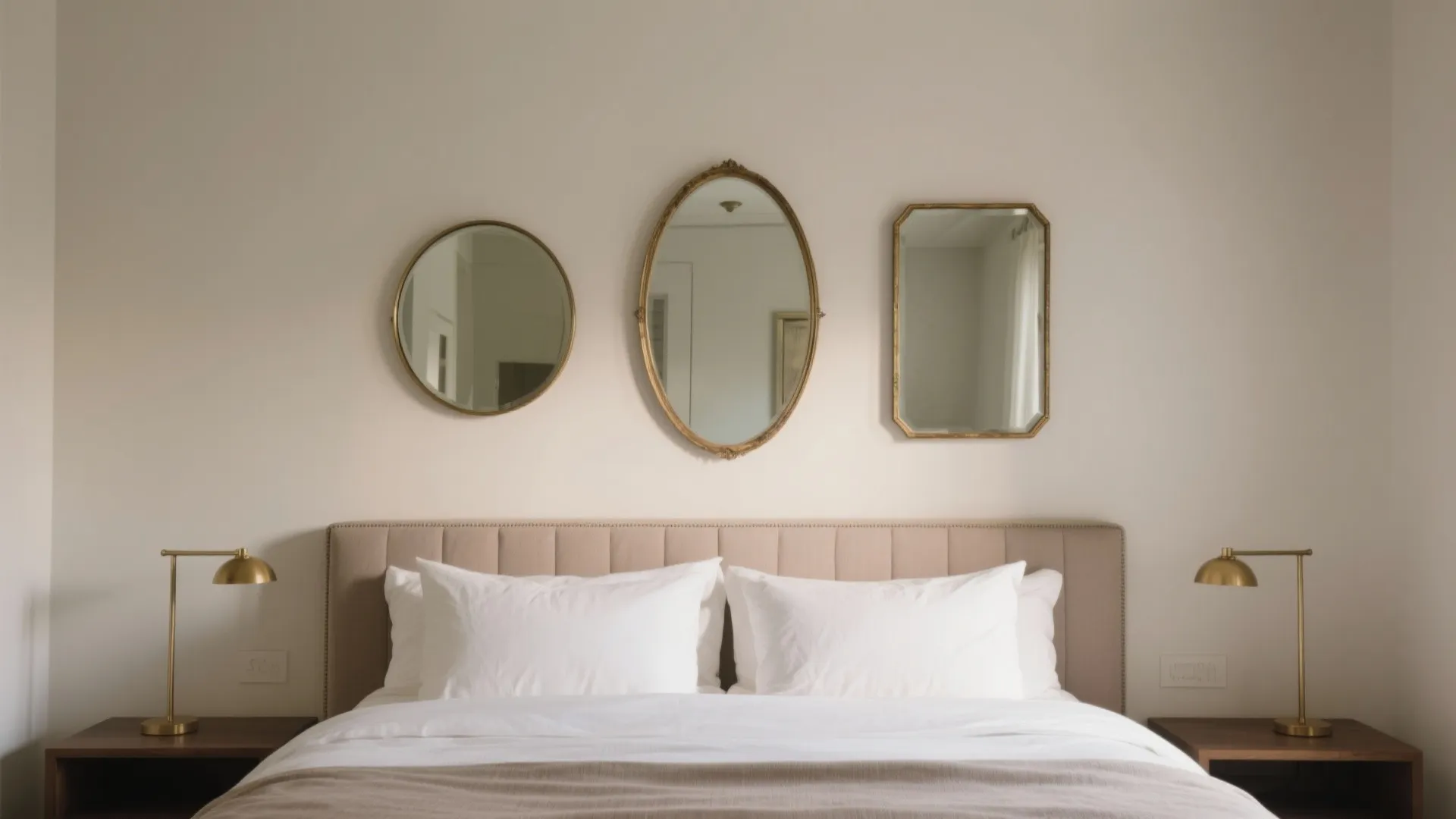 Three-mirror gallery over a headboard—round, oval, and soft rectangle with smoked glass.