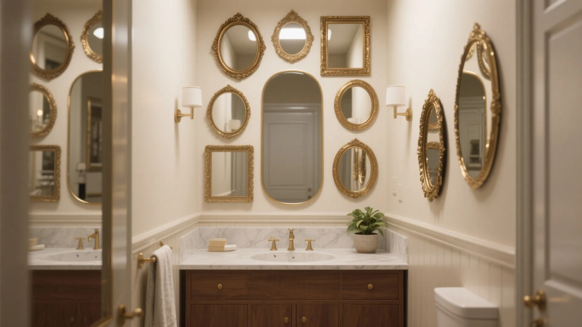 Mirror gallery above a narrow vanity in a small bathroom with mixed frames and warm lighting.