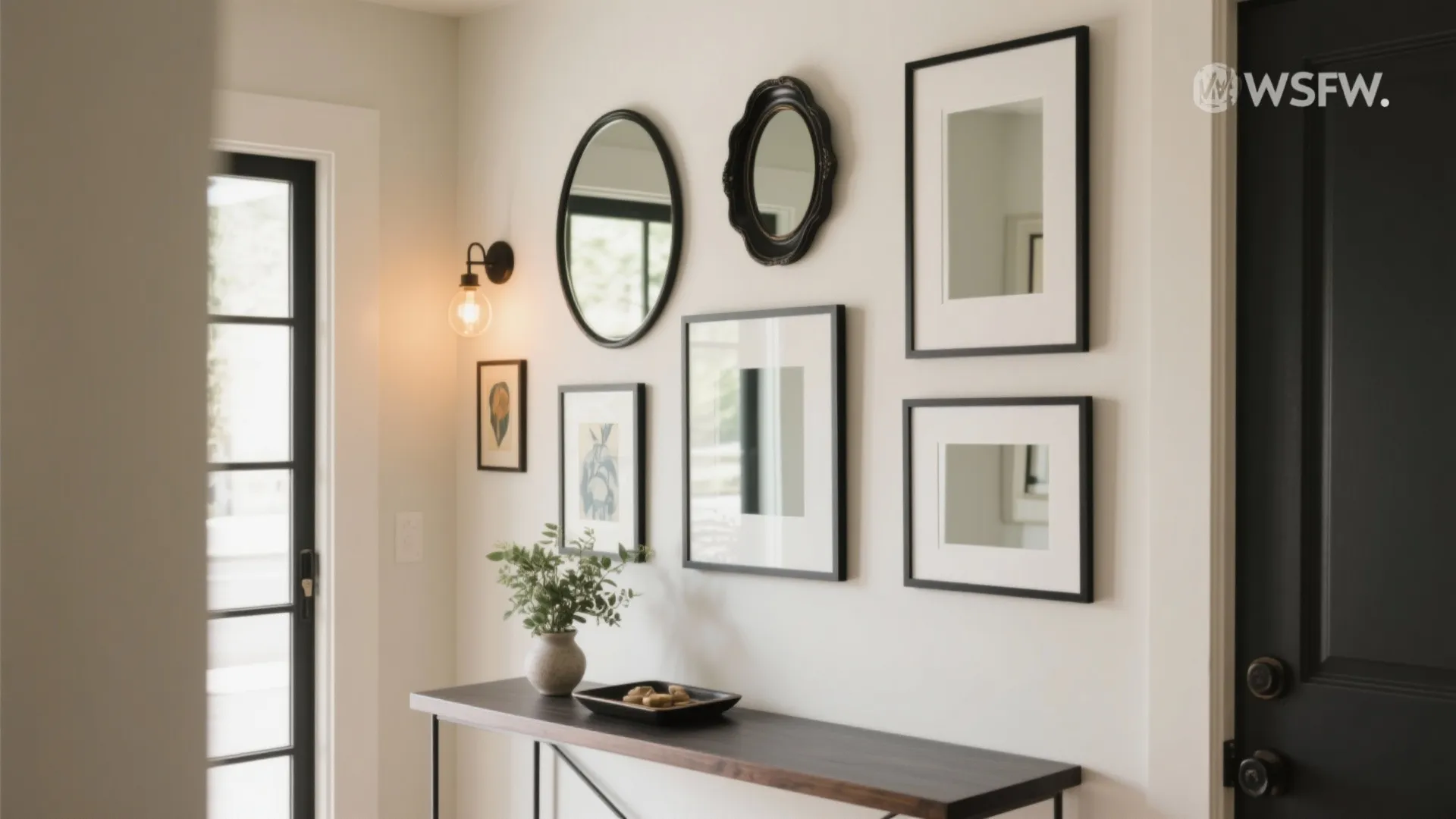 Modern hallway with wall mirrors and art frames above a wooden table and wall light