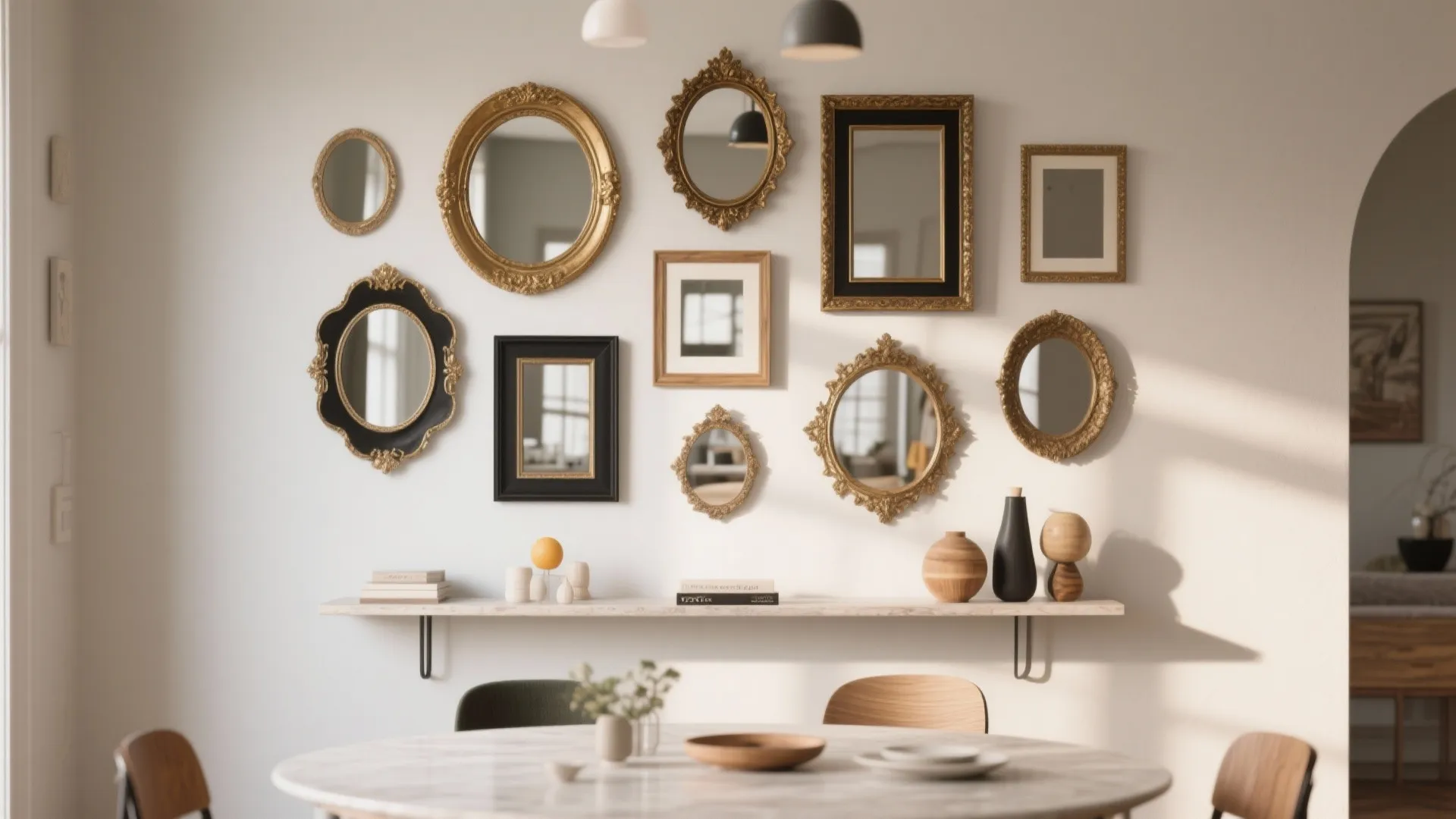 Collection of vintage gold and black mirrors displayed on white wall above long wooden shelf