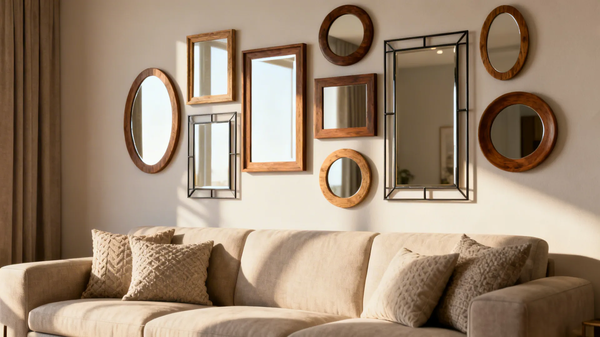 Gallery-style cluster of mixed-shape mirrors above a sofa creating an artful, reflective focal point.