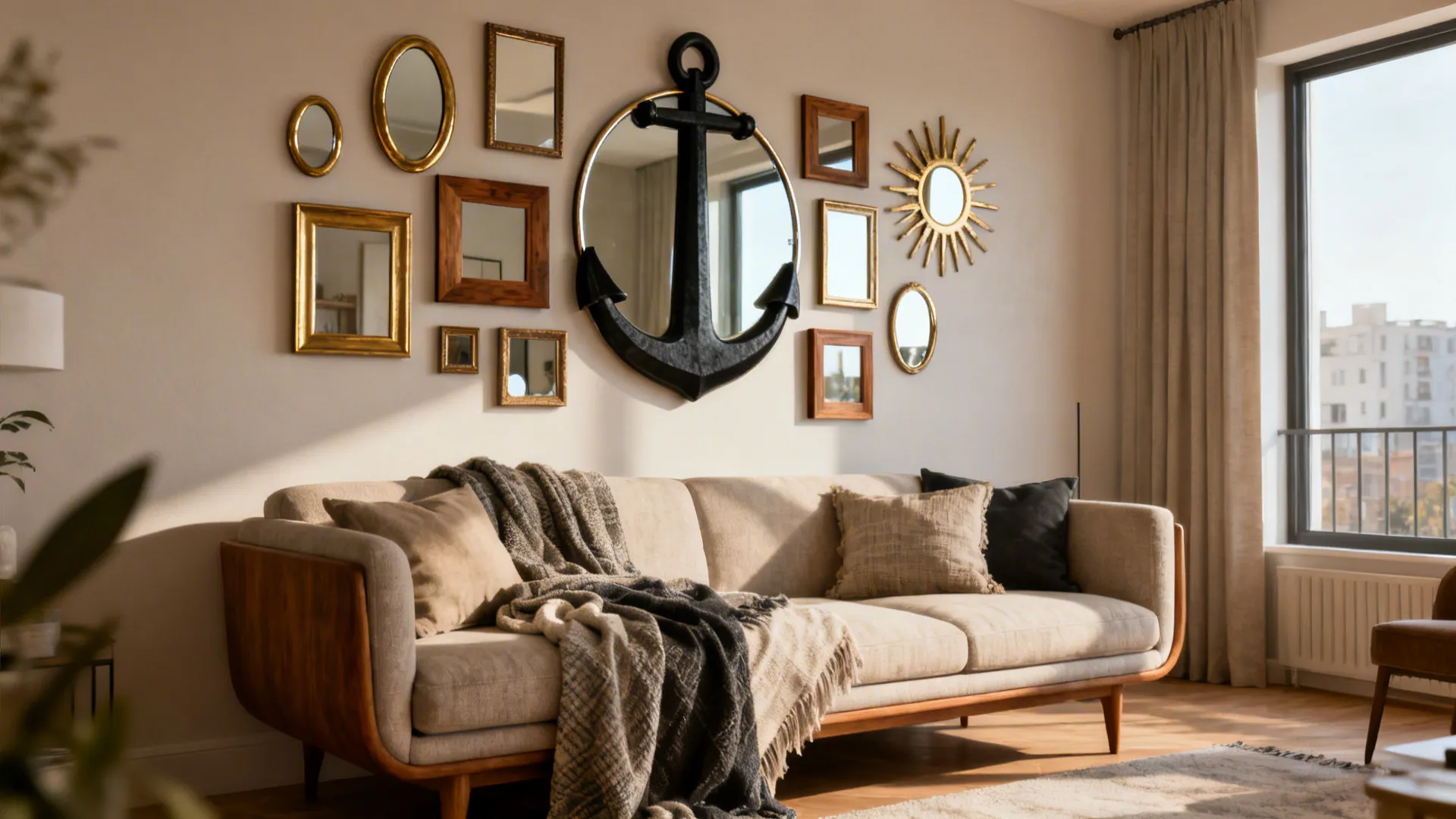 Living room with beige sofa and gallery wall featuring various shaped mirrors including one anchor