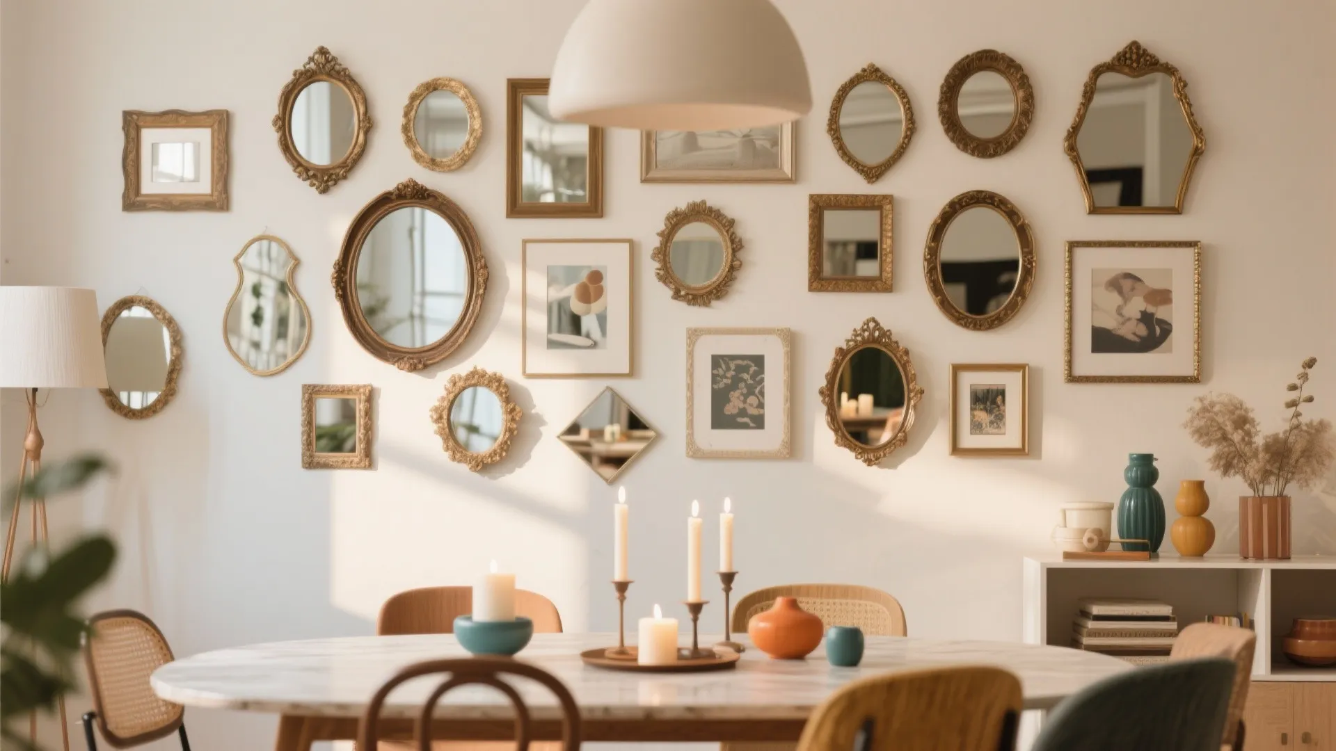 Dining room with gallery wall of assorted mirrors