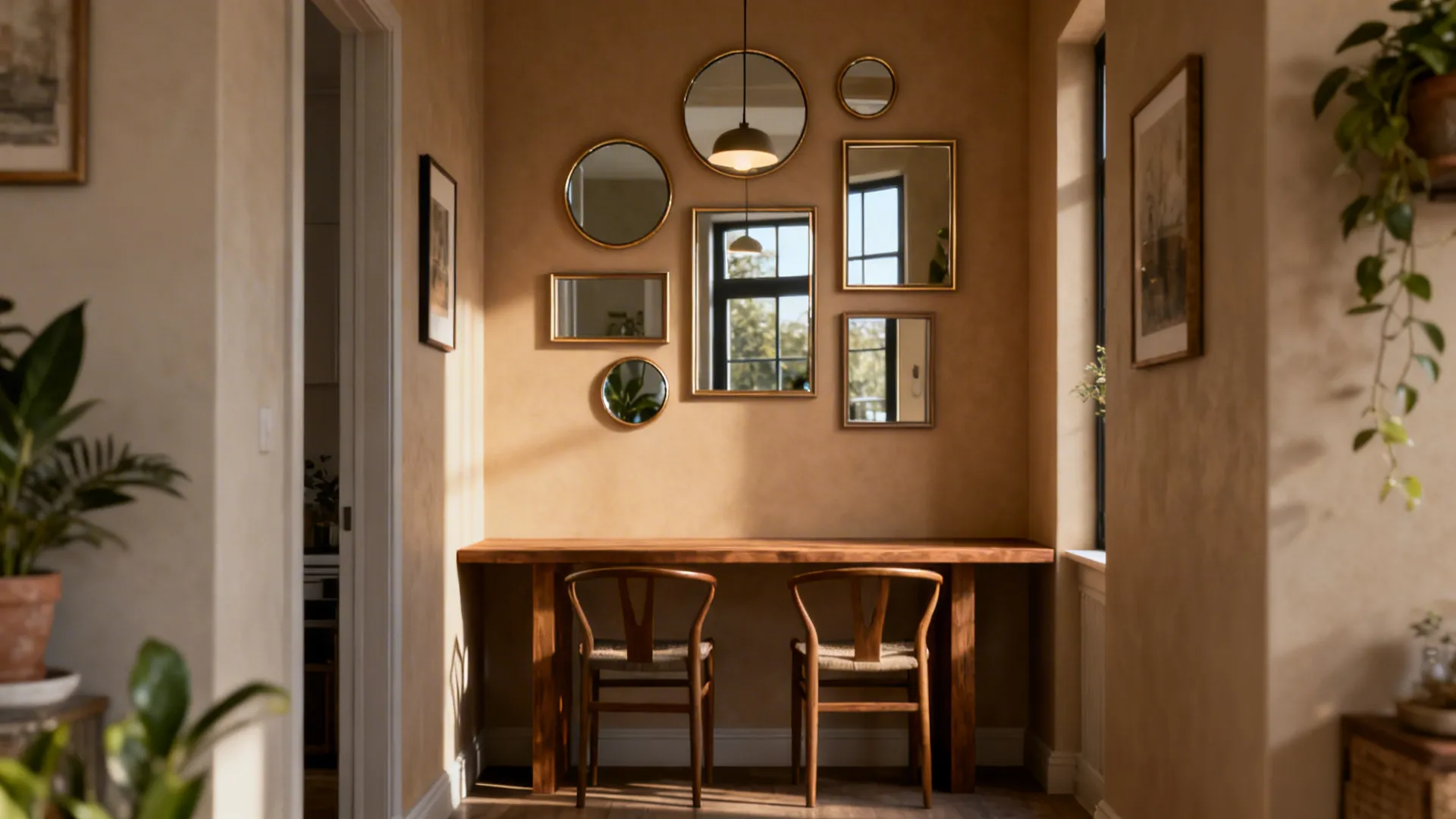 Narrow dining nook with a curated gallery of small mirrors reflecting light and movement