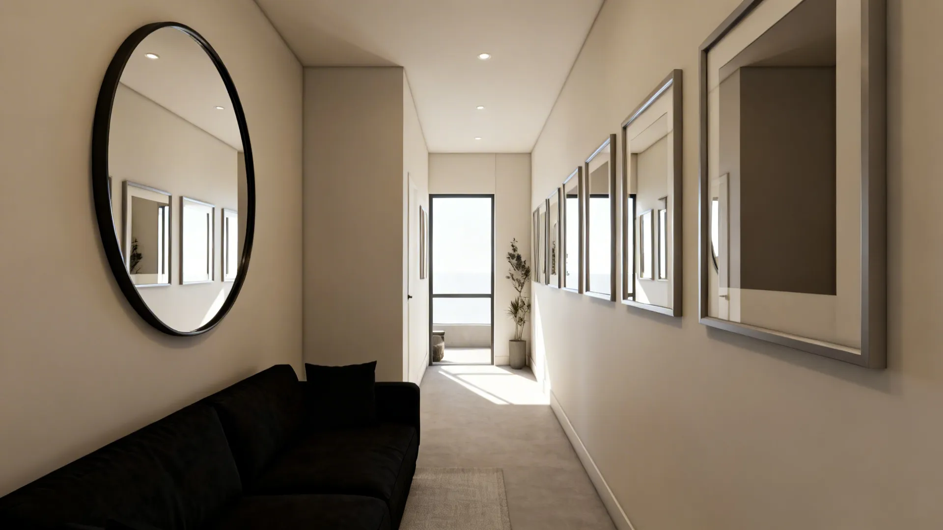 Narrow living room with a black sofa and large round mirror reflecting daylight to visually expand the space