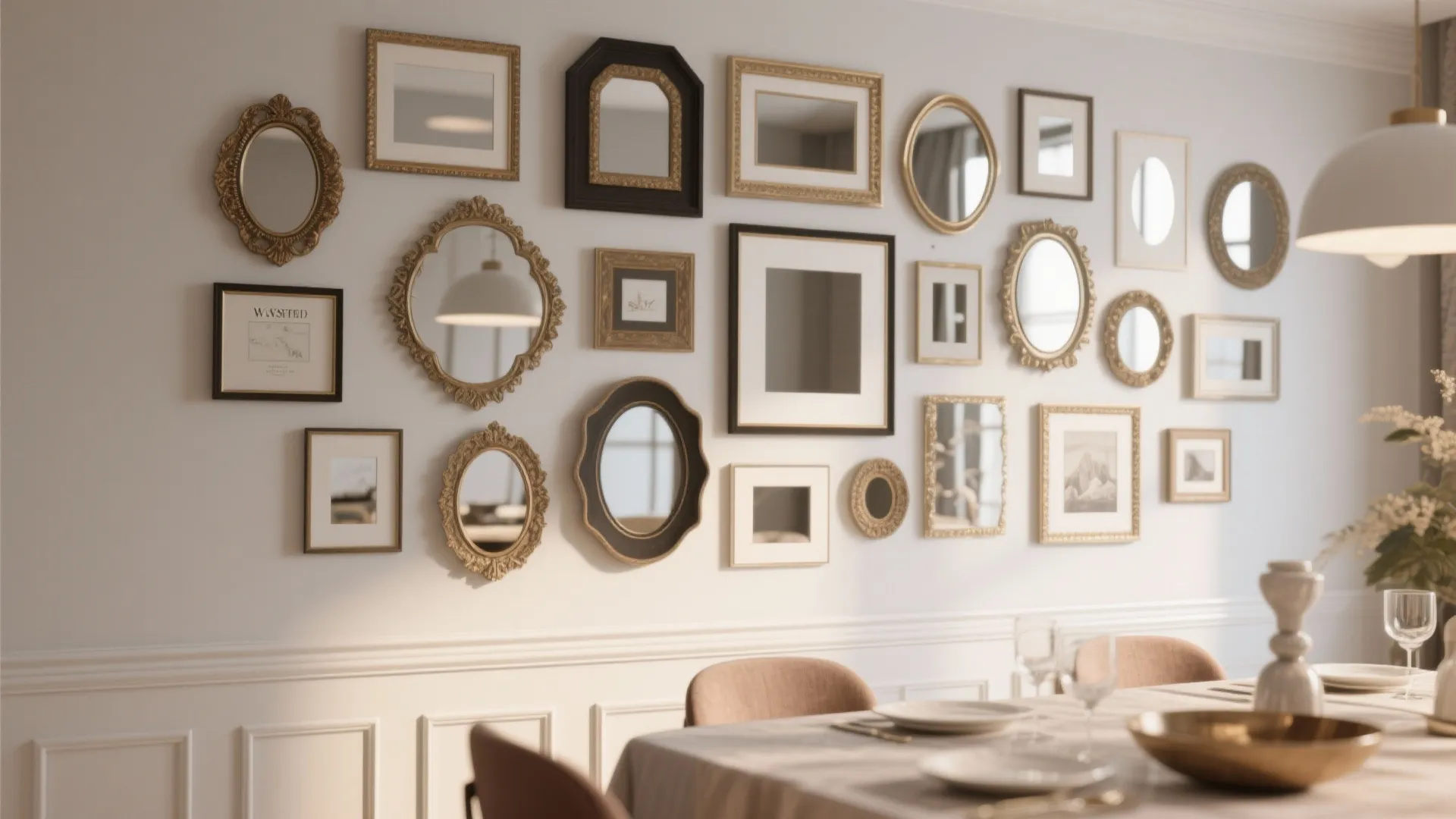 Gallery wall of assorted mirrors in dining area