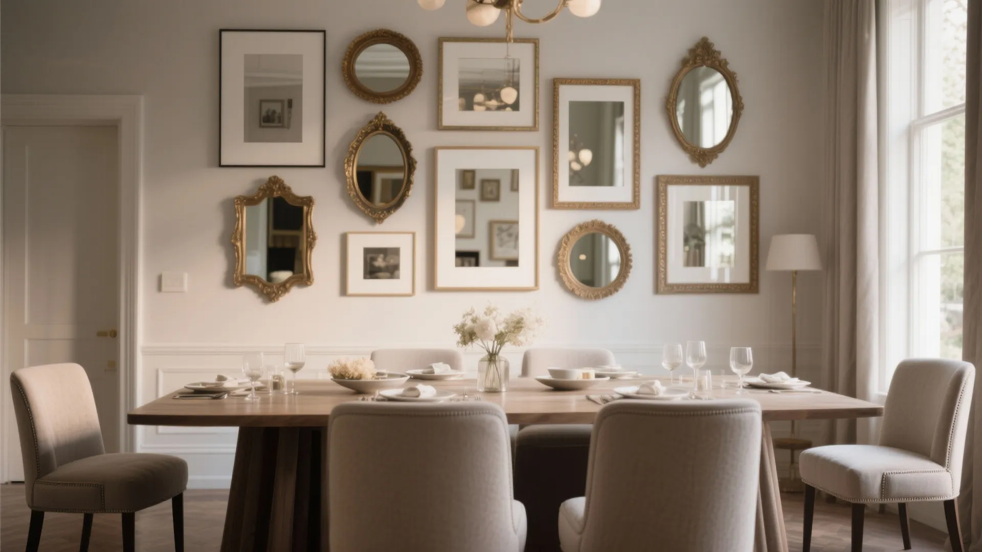 Elegant dining room featuring a gallery wall of various mirrors and frames above wooden table