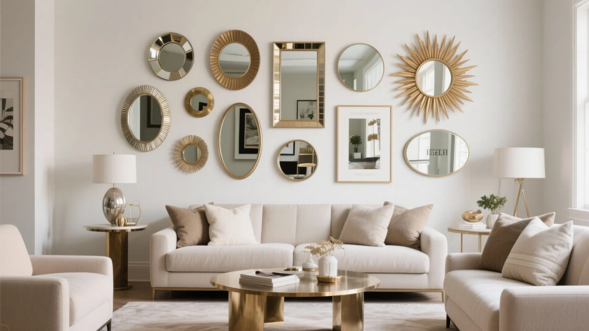 Living room with a diverse mirror gallery wall