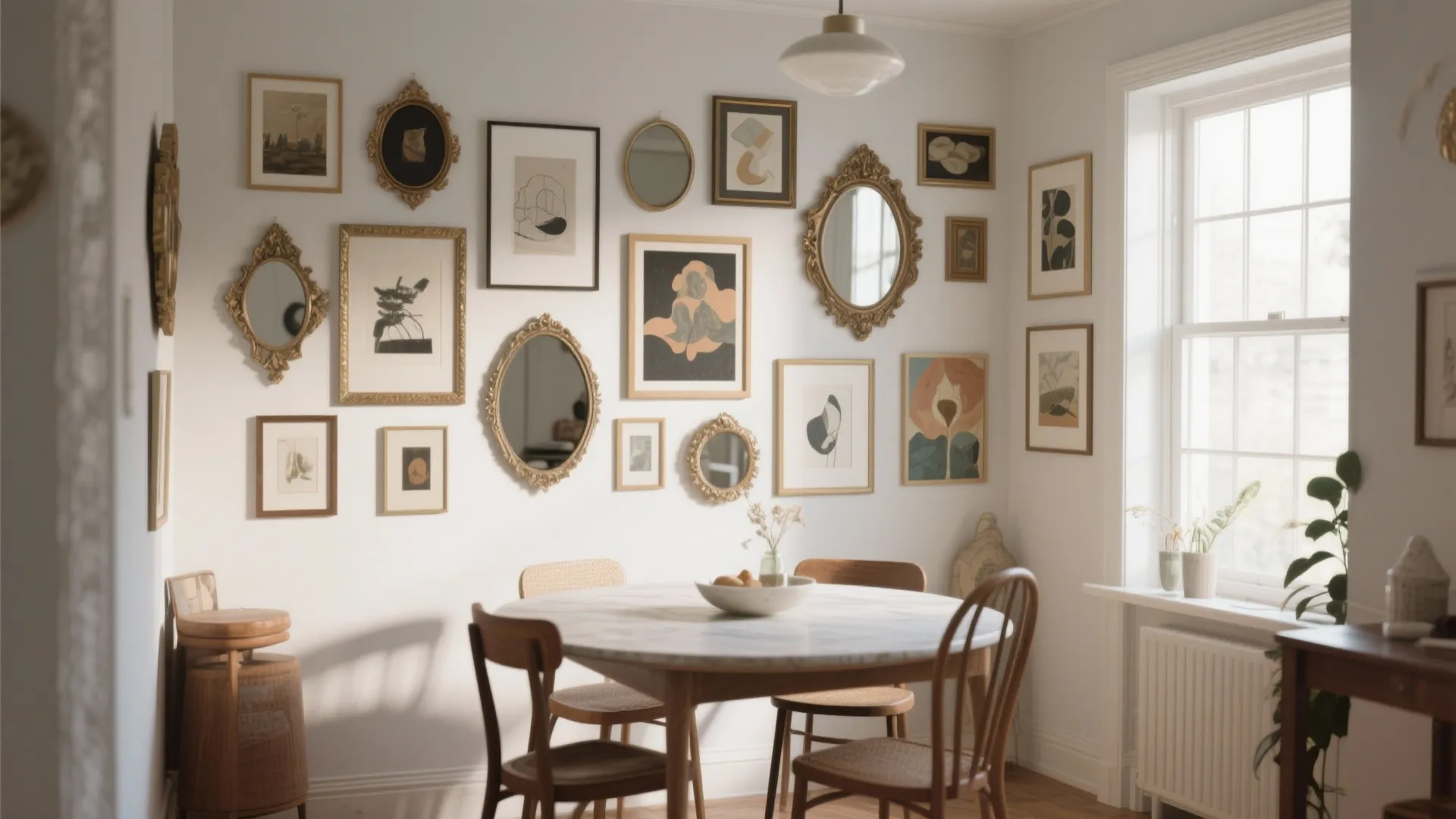Dining room gallery wall with assorted mirrors and framed artwork