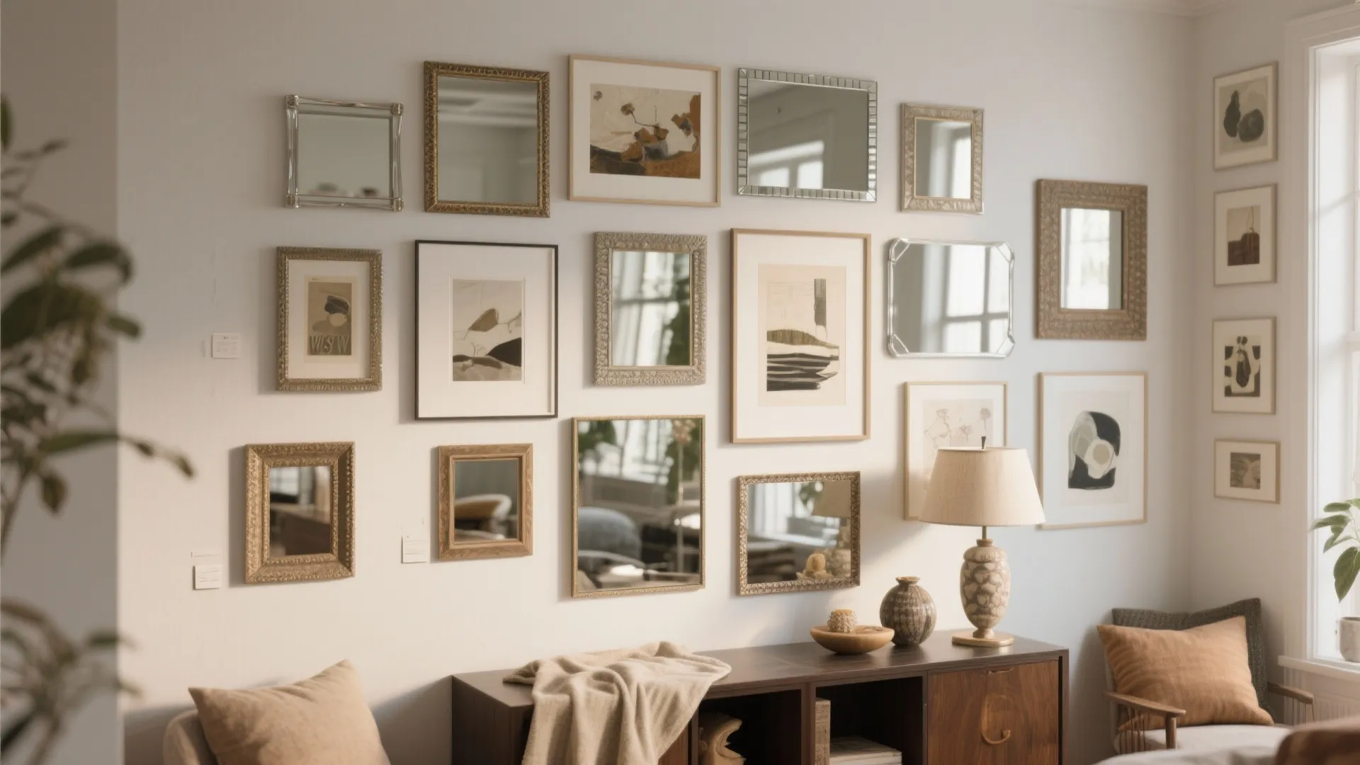 Clustered small mirrors with varied frames on a gallery wall scattering light and adding depth.