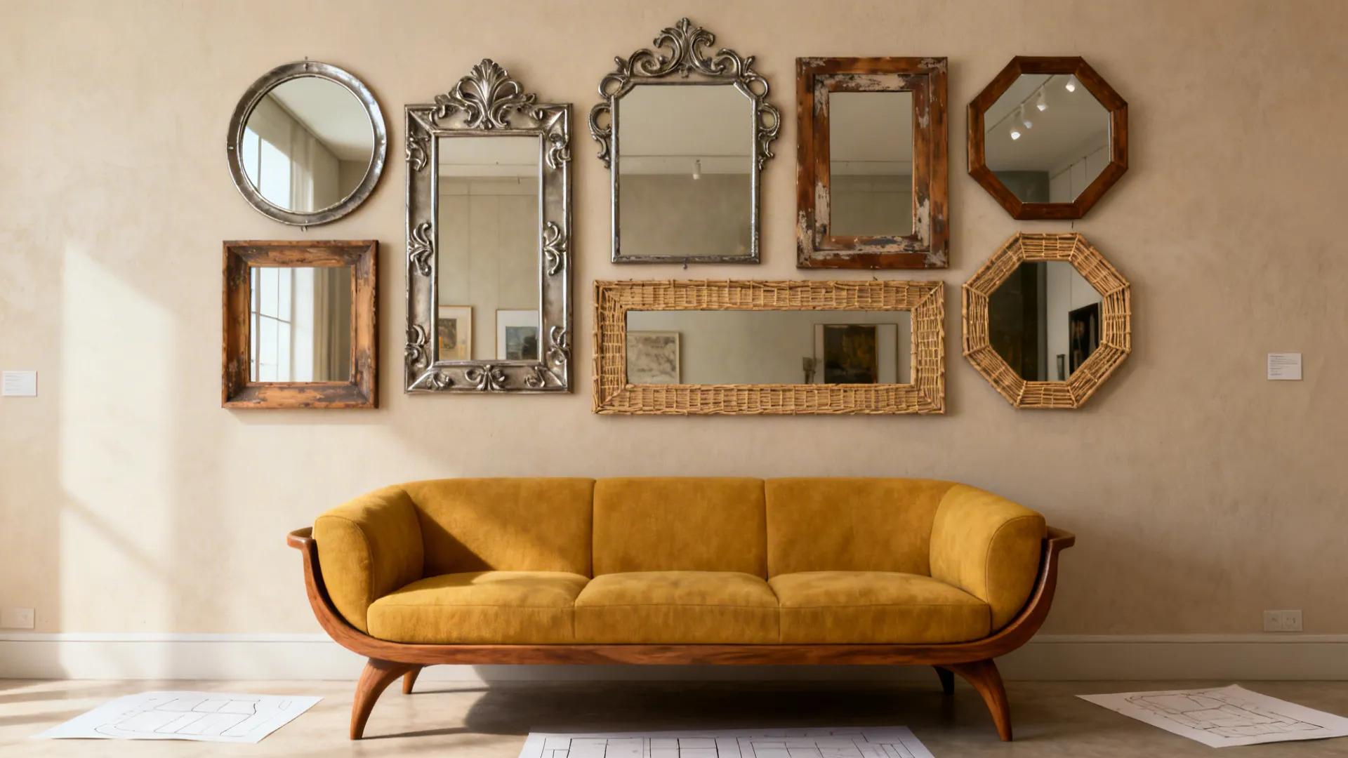 Eclectic gallery wall of mixed-shape mirrors arranged over a sofa with paper templates for spacing