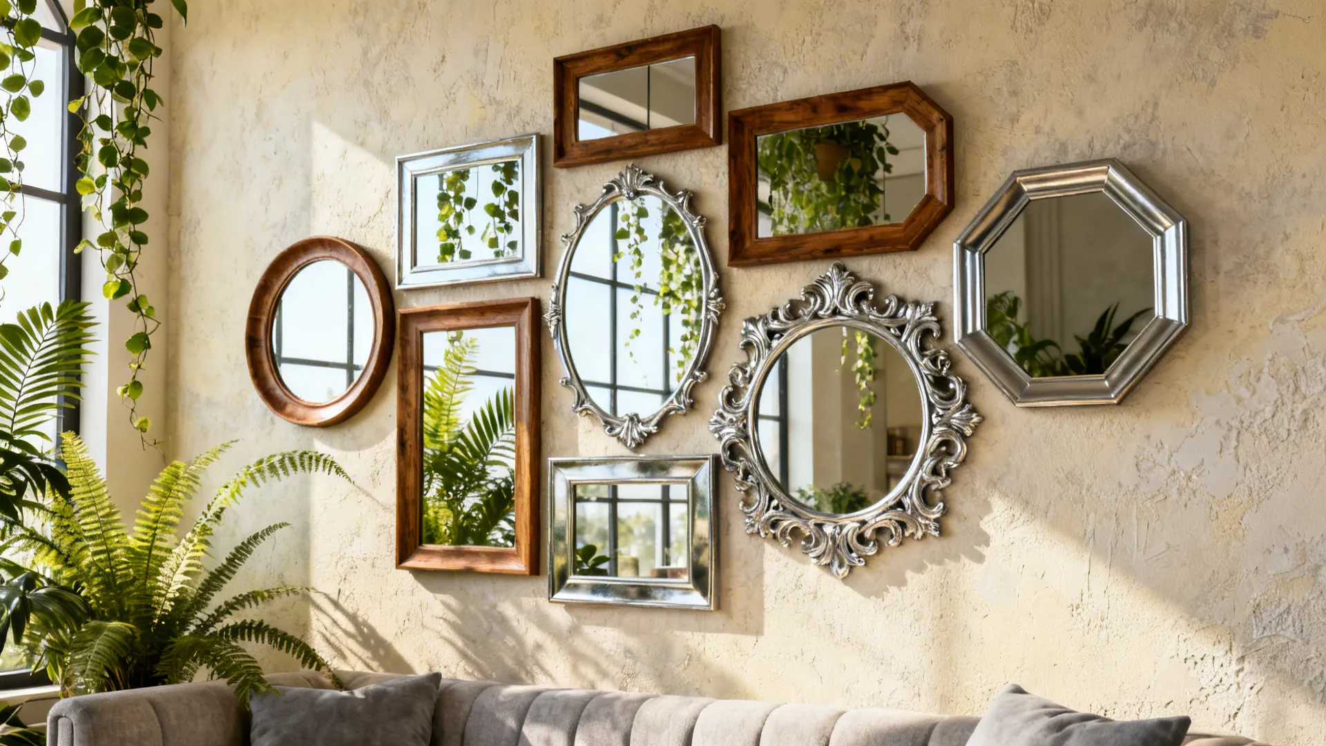 Gallery wall with various mirrors in wood and silver frames above a grey fabric sofa
