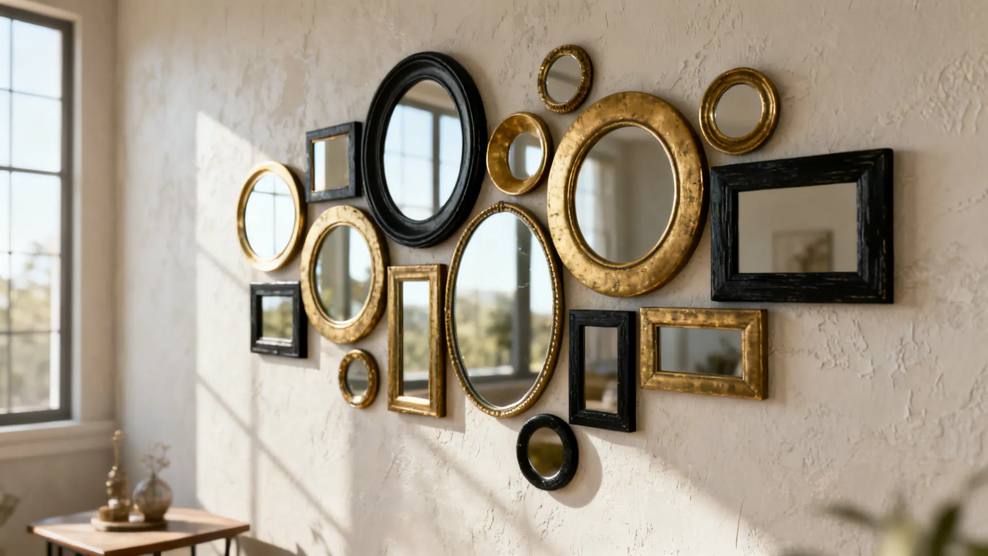 Cluster of small mirrors with mixed frames creating a textured focal wall in a dining room