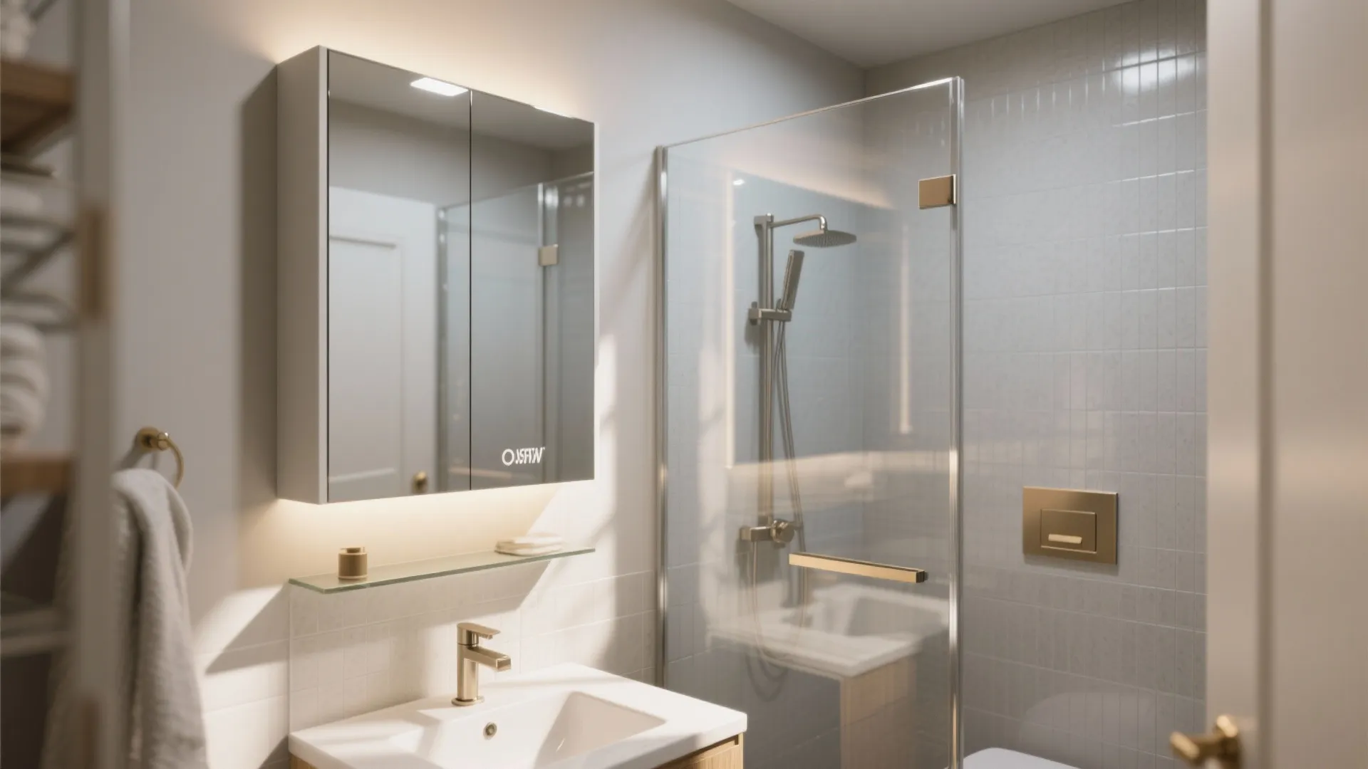 Bright bathroom interior design showing a lighted mirror cabinet glass shower door and gold hardware accessories