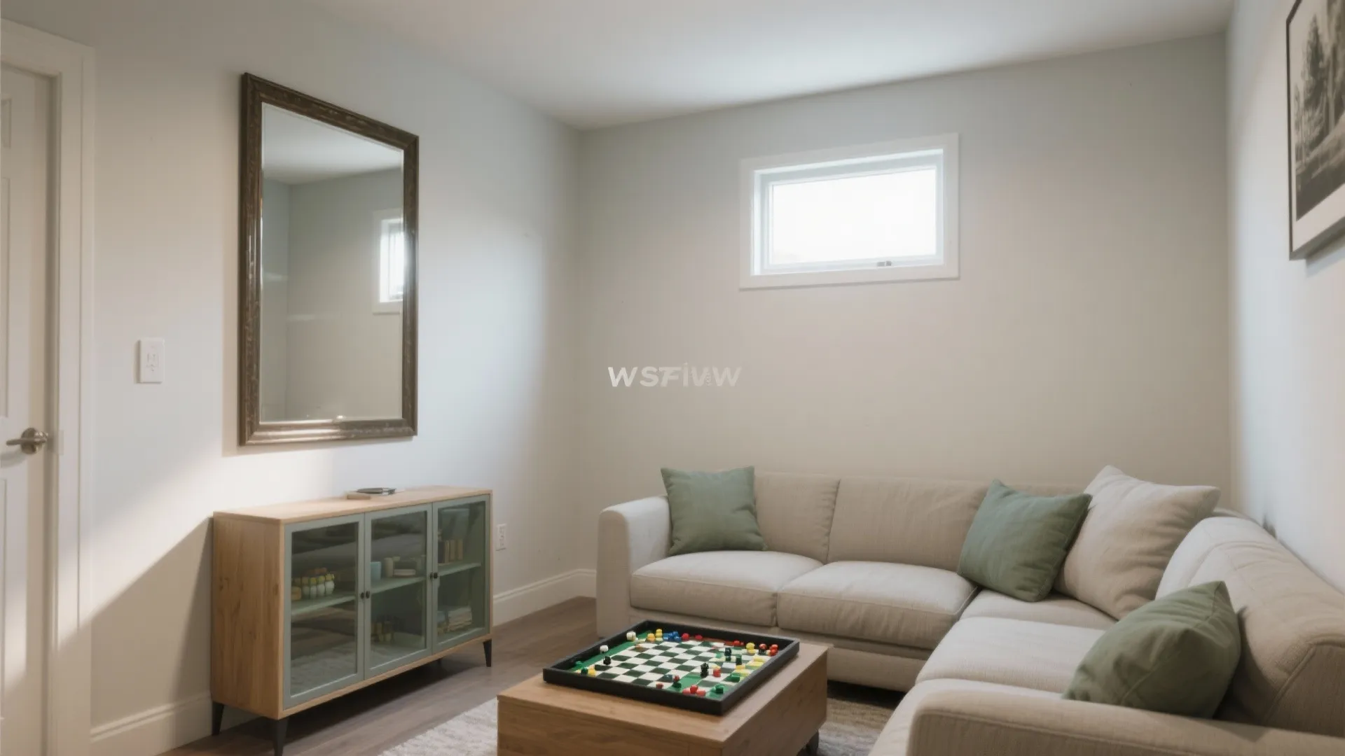 Modern living room featuring a beige sofa with green pillows a large mirror and cabinet