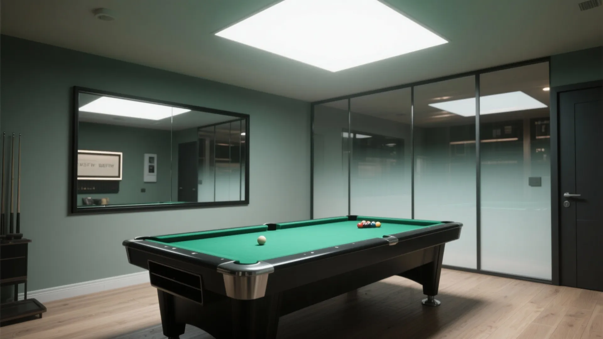 Green game room featuring a pool table wood floors a large ceiling light and glass walls